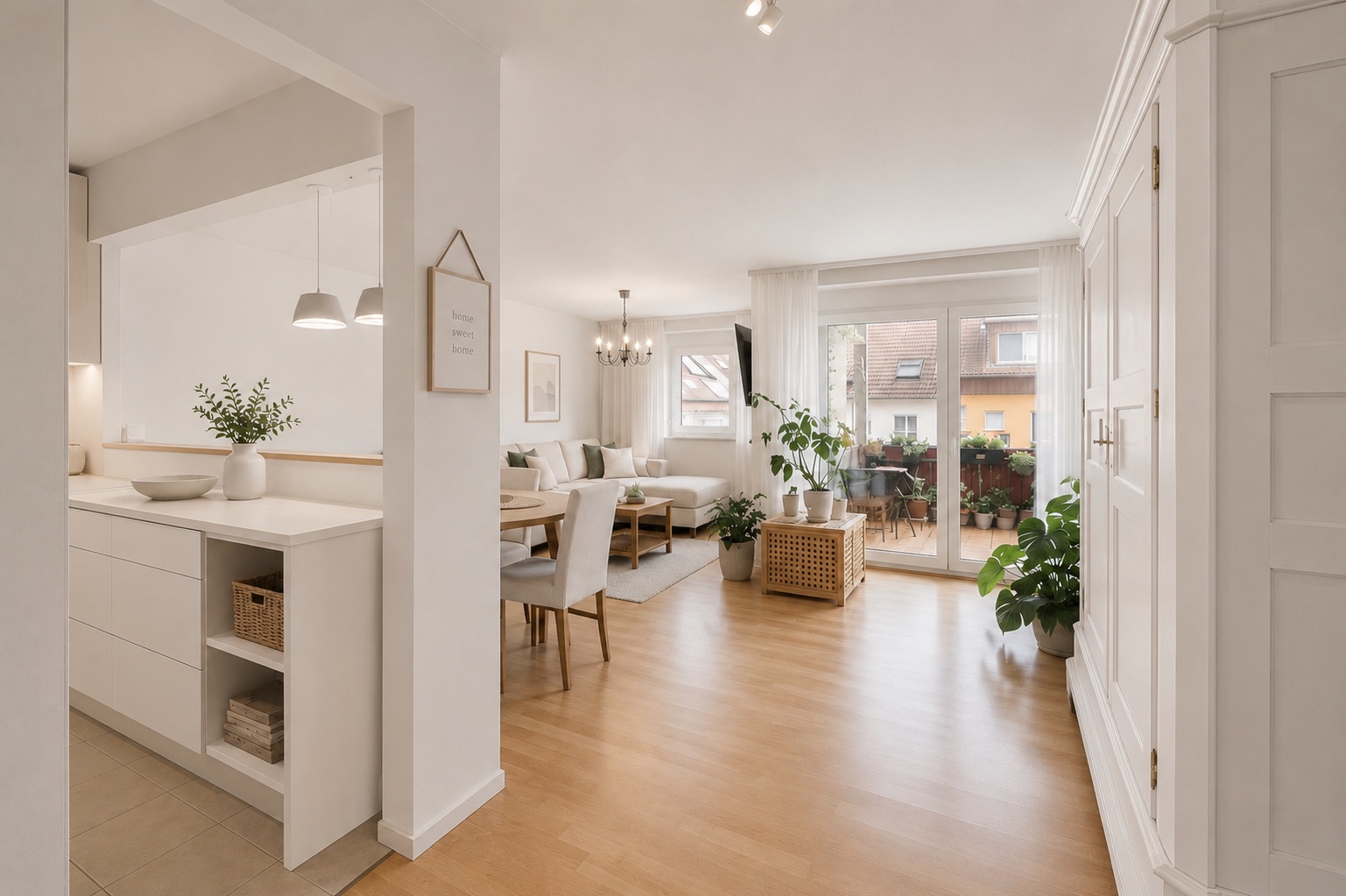 Helles Wohnzimmer mit Esstisch, Sofa, Pflanzen und Zugang zum Balkon, offene Küche sichtbar.