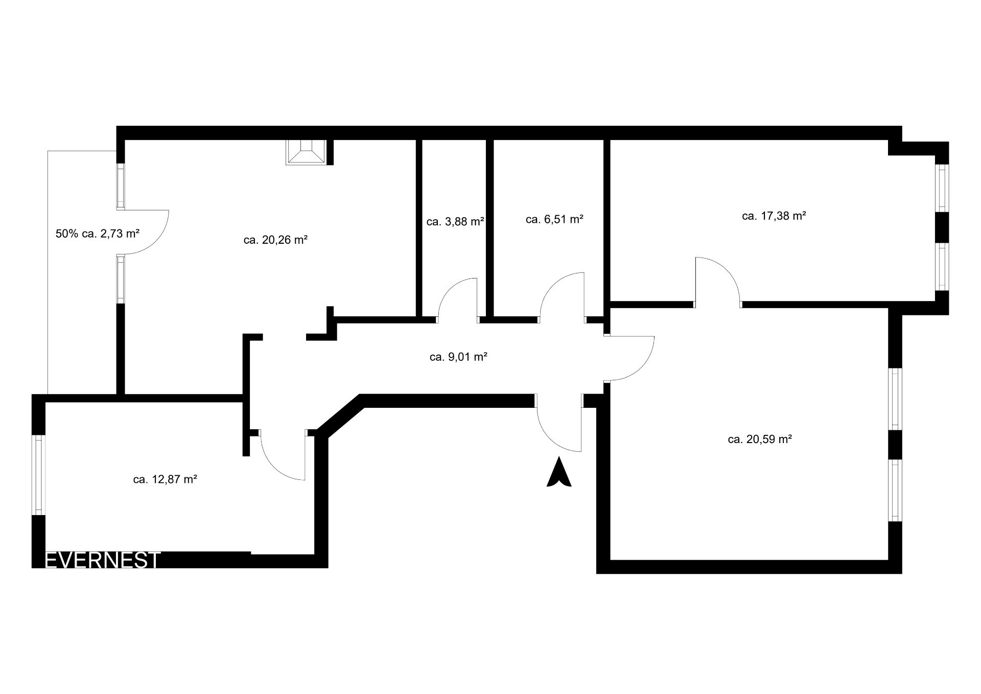 Schwarz-weißer Grundriss einer Wohnung mit mehreren Zimmern und Flächenangaben in Quadratmetern.