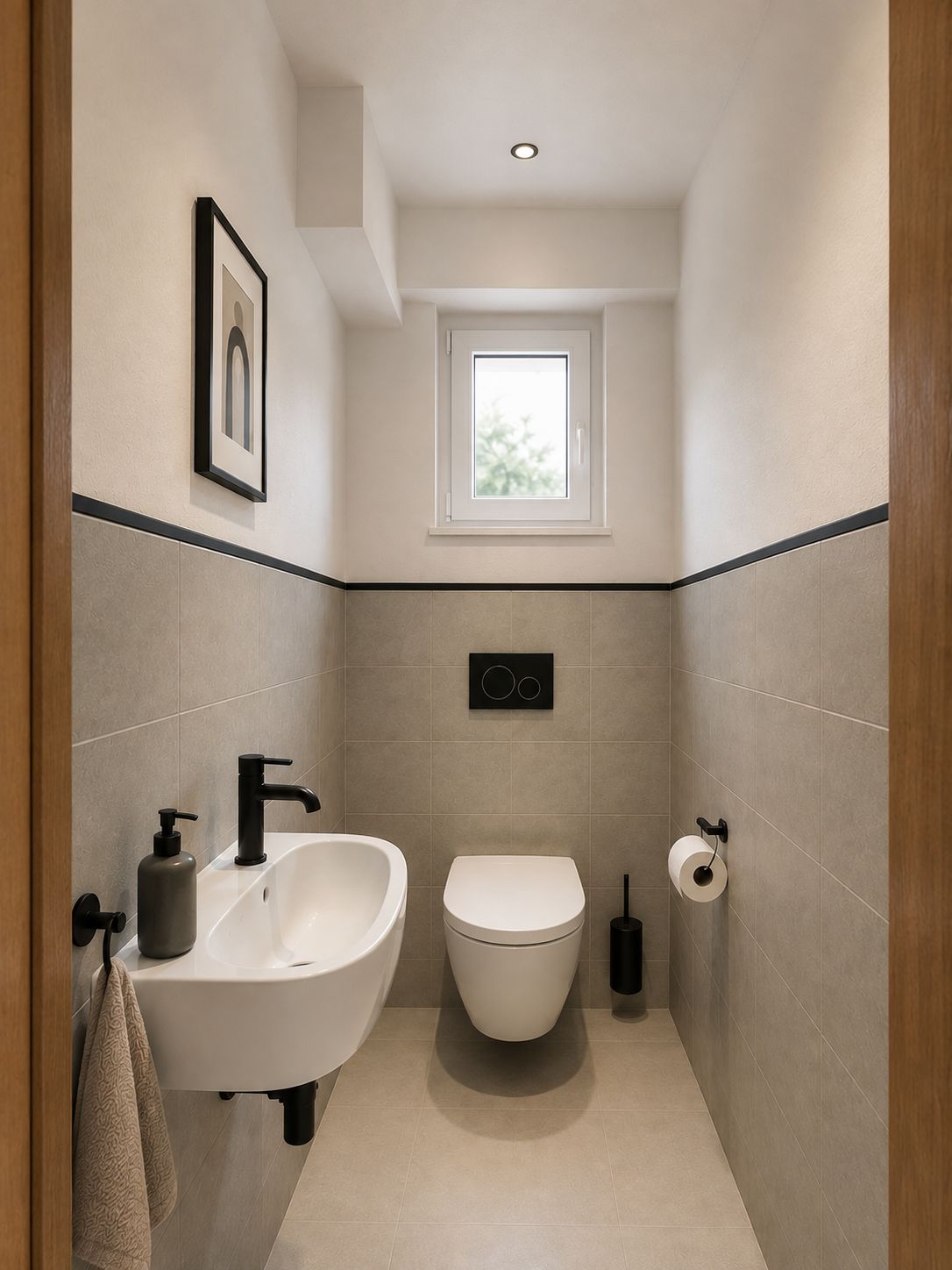 Modernes Gäste-WC mit Wand-WC, Waschbecken, Fenster und Bild an der Wand.
