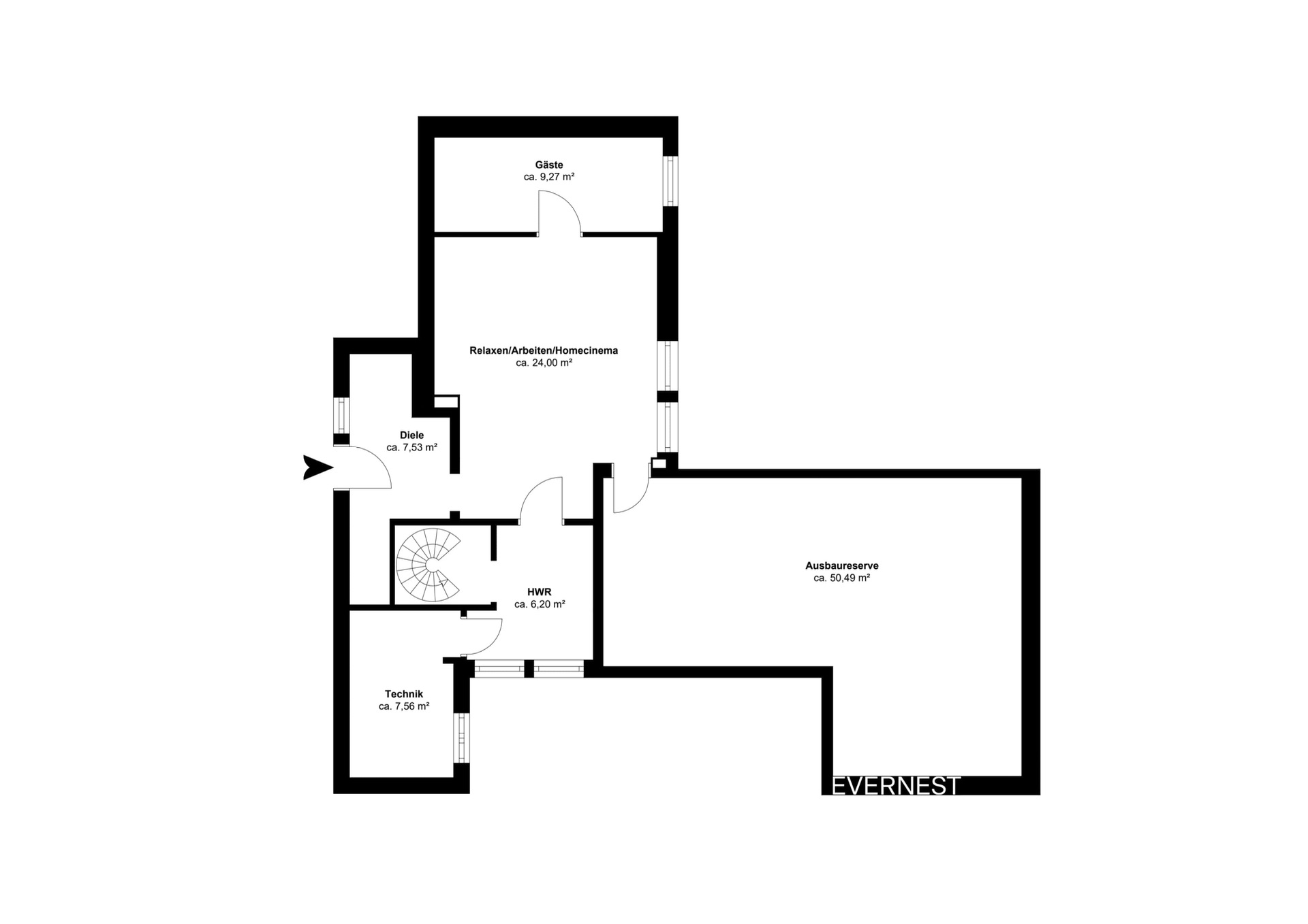 Grundriss eines Wohnhauses mit mehreren beschrifteten Räumen und Flächen.