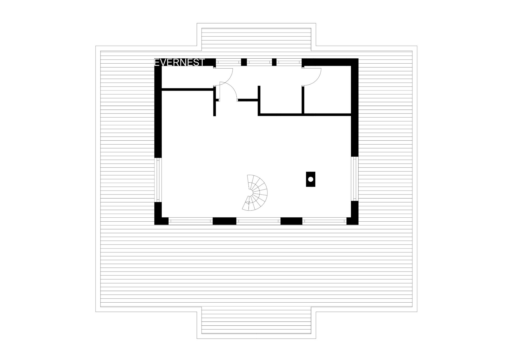 Schwarz-weißer Grundriss mit mehreren Räumen und einer Wendeltreppe in der Mitte.