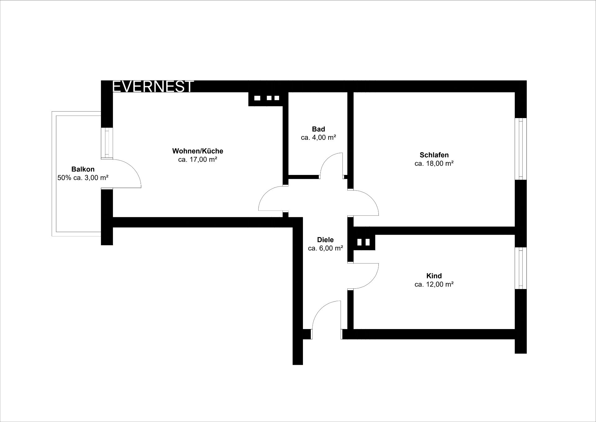 Grundriss einer Wohnung mit Balkon, Wohnzimmer/Küche, Bad, Schlafzimmer, Kinderzimmer und Flur.
