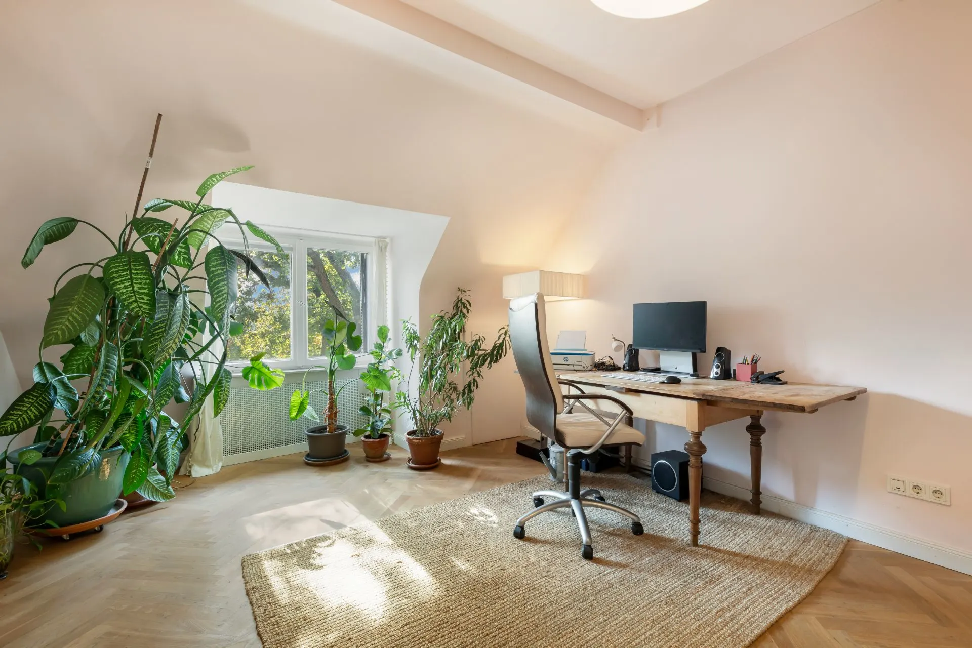 Helles Arbeitszimmer mit Schreibtisch, Bürostuhl, Computer und vielen Zimmerpflanzen am Fenster.