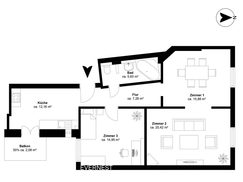 Grundriss einer Wohnung mit drei Zimmern, Küche, Bad, Flur und Balkon.