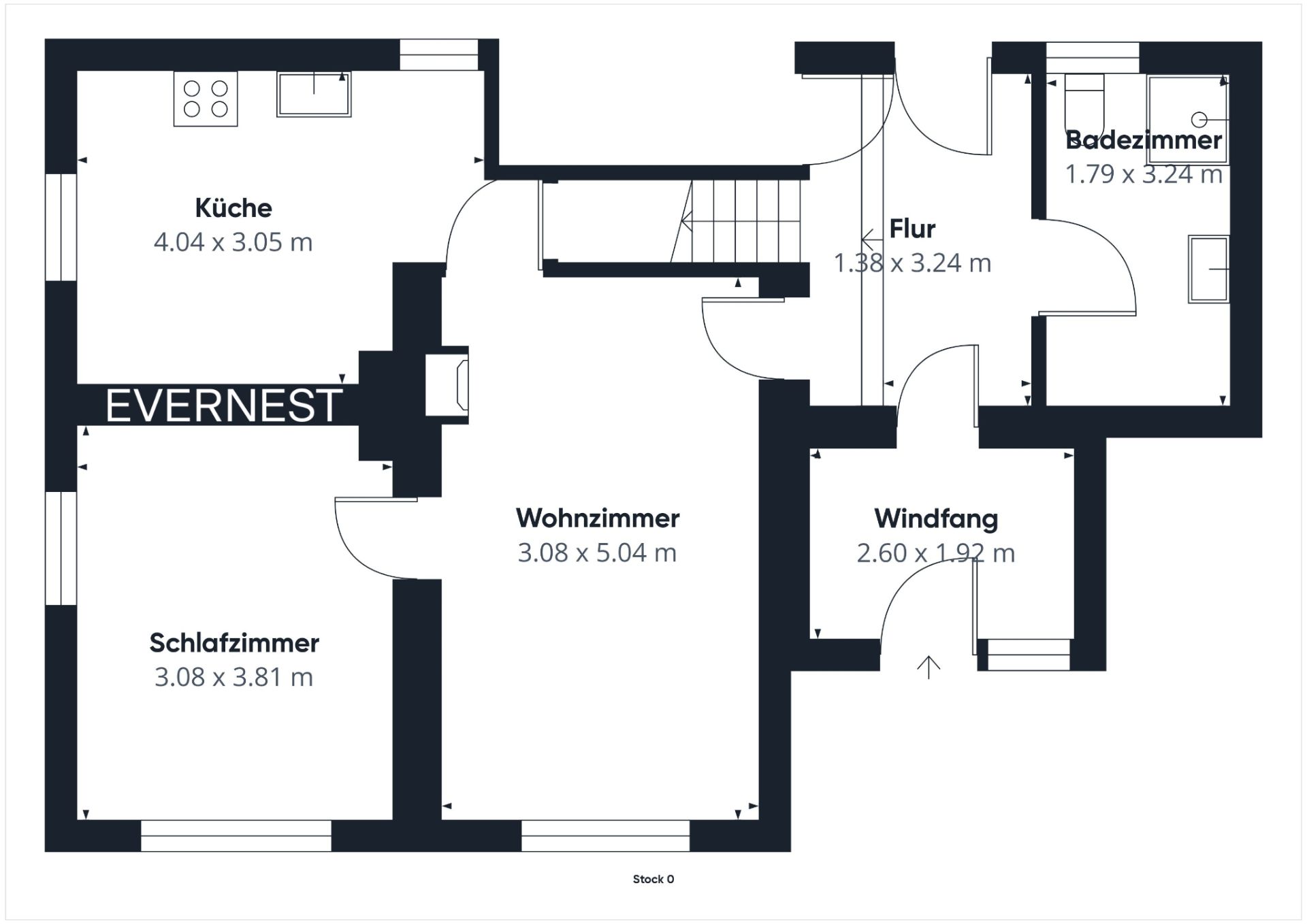 Grundriss einer Wohnung mit Küche, Schlafzimmer, Wohnzimmer, Bad, Flur und Windfang.