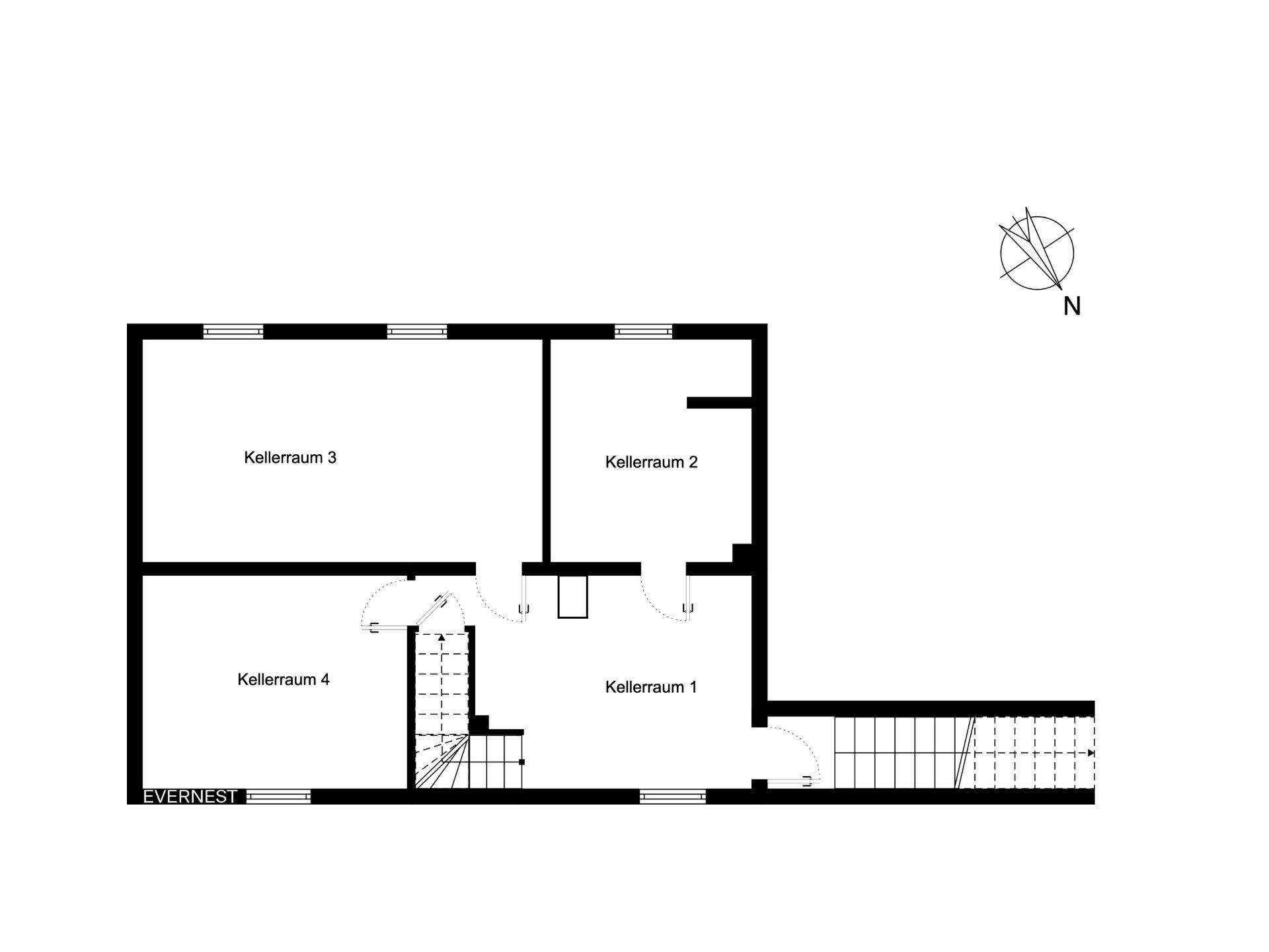 Grundriss zeigt vier beschriftete Kellerräume mit Treppe und Türen.
