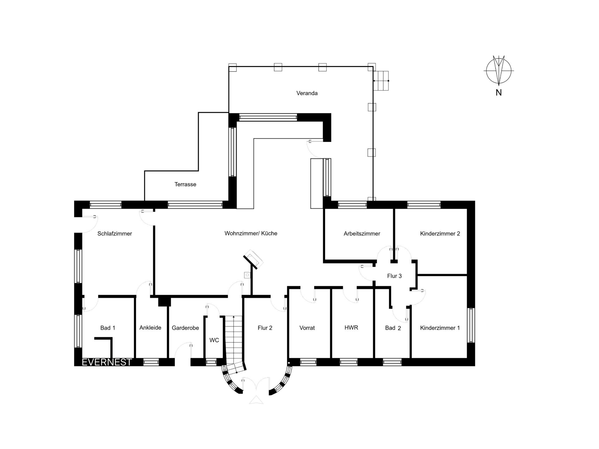 Grundriss eines Hauses mit Schlafzimmer, Wohnzimmer, Küche, zwei Kinderzimmern und Terrasse.