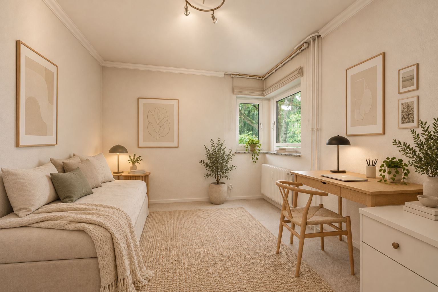 Helles Zimmer mit Sofa, Schreibtisch, Stuhl, Pflanzen und großen Fenstern.