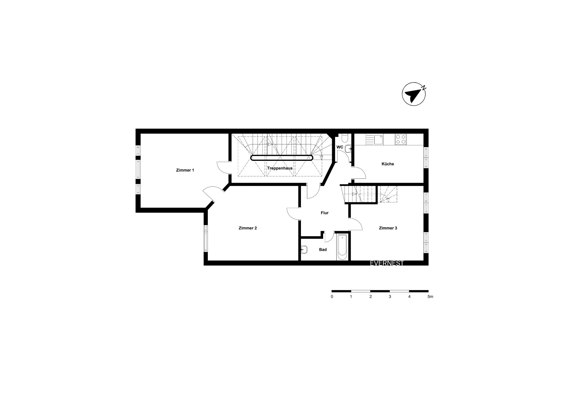 Wohnungsgrundriss mit drei Zimmern, Küche, Bad, WC, Flur und Treppenhaus.