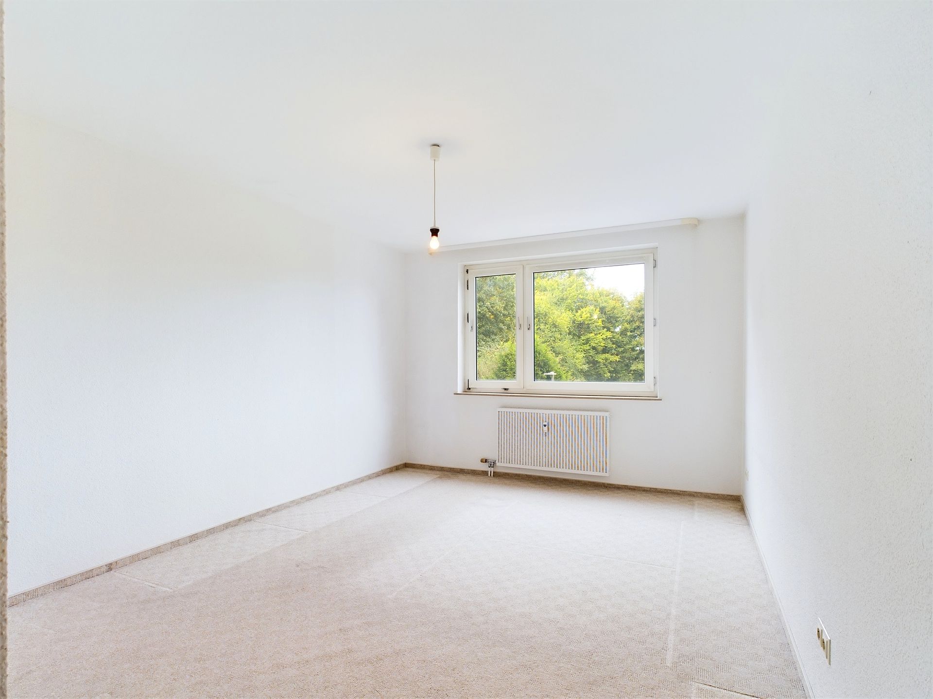Leeres, helles Zimmer mit Teppichboden und Fenster, durch das grüne Bäume sichtbar sind.