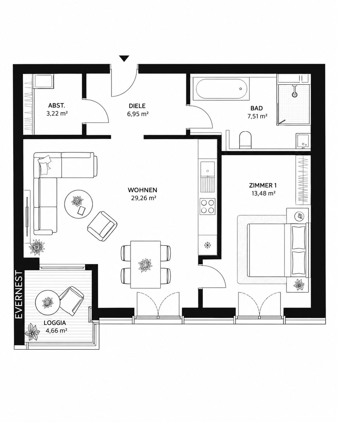Grundriss einer Wohnung mit Wohnzimmer, Schlafzimmer, Bad, Abstellraum und Loggia.