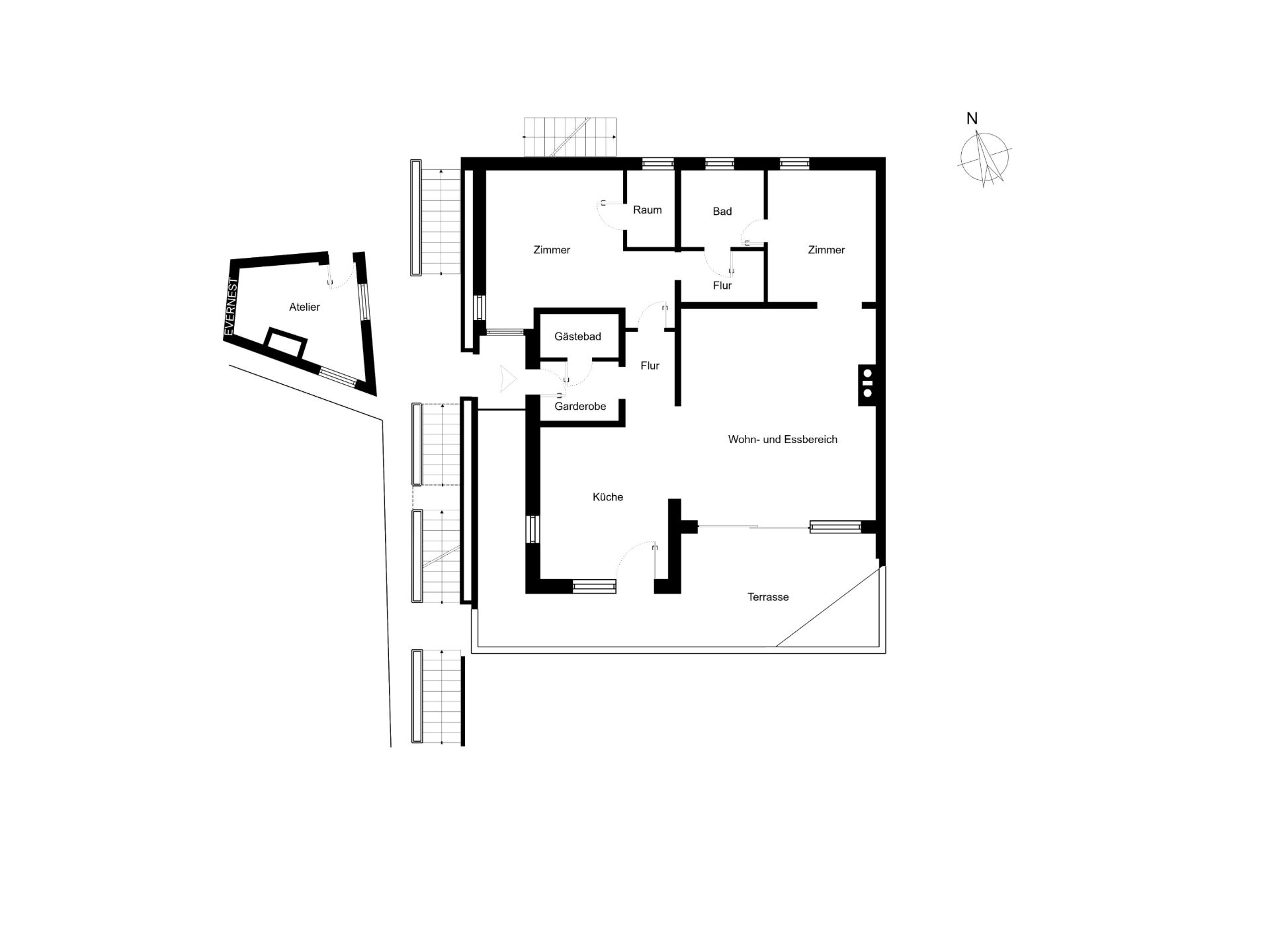 Grundriss eines Wohnhauses mit Zimmern, Küche, Bad, Terrasse und Atelier.