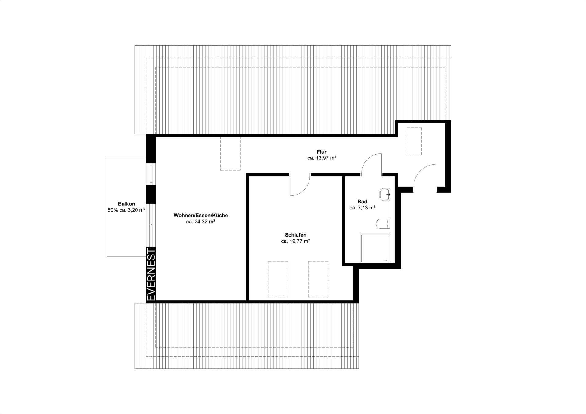 Grundriss einer Wohnung mit Balkon, Wohnraum, Schlafzimmer, Bad und Flur.