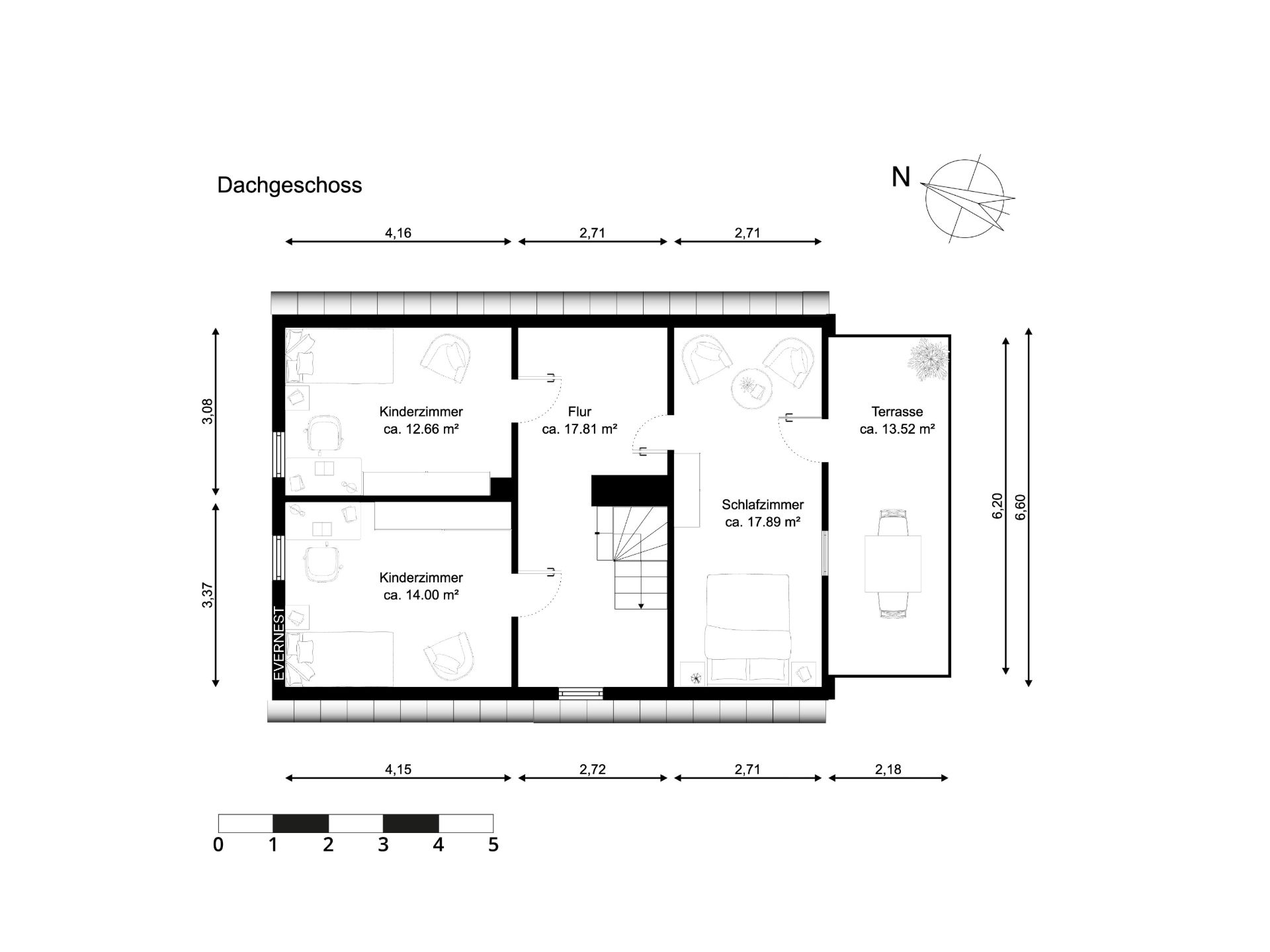 Grundriss des Dachgeschosses mit zwei Kinderzimmern, Schlafzimmer, Flur und Terrasse.