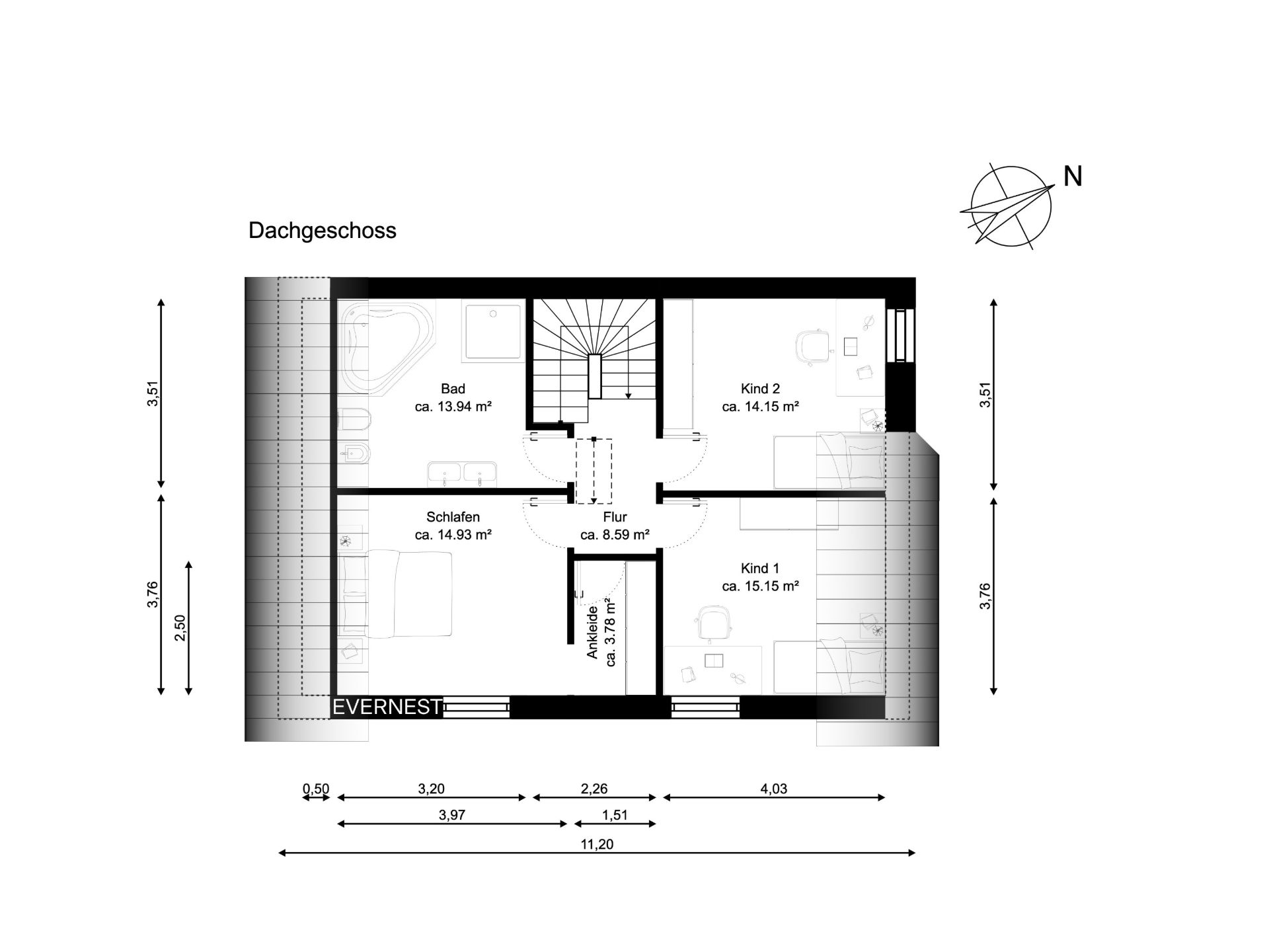 Grundriss eines Dachgeschosses mit Bad, Schlafzimmer, zwei Kinderzimmern, Flur und Abstellraum.