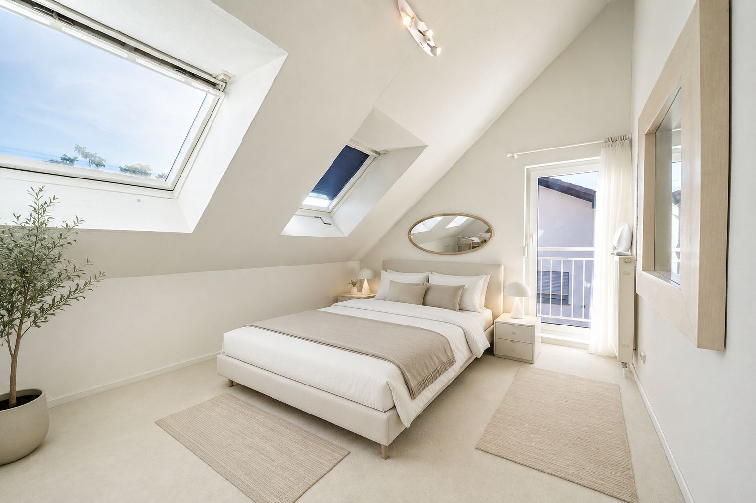 Helles Schlafzimmer mit Doppelbett unter Dachschrägen, großen Fenstern und Pflanzen im Topf.