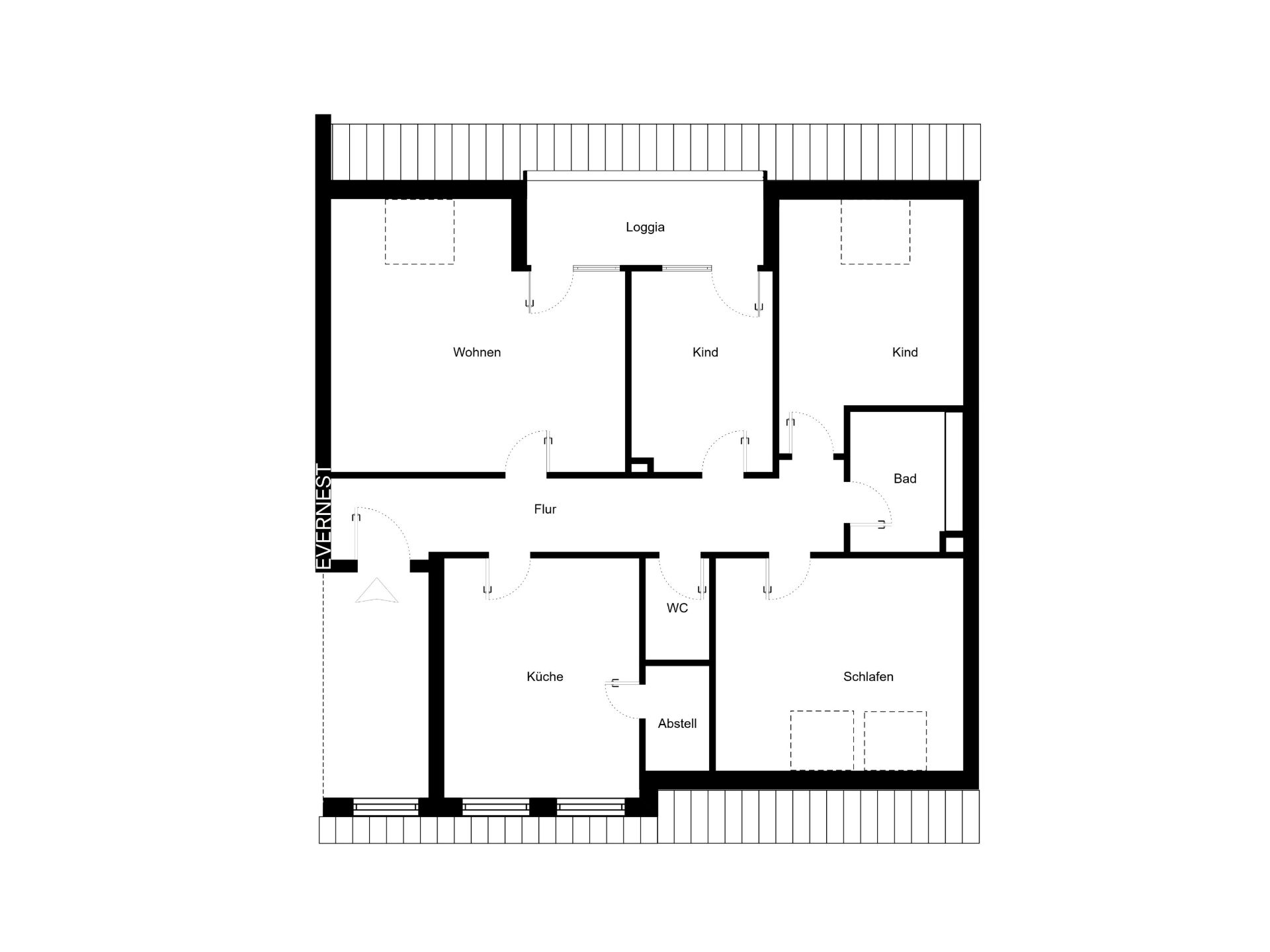 Grundriss mit Wohnzimmer, Küche, Schlafzimmer, zwei Kinderzimmern, Bad, WC, Abstellraum und Loggia.