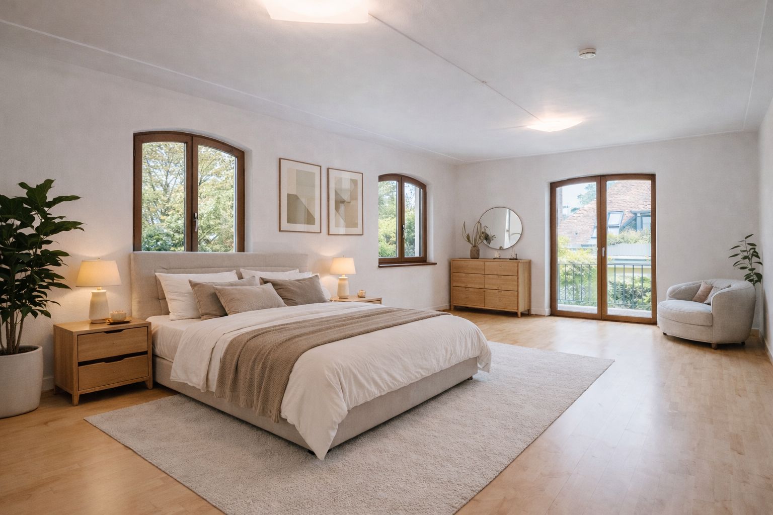 Großes Schlafzimmer mit Doppelbett, Nachttischen, Kommode, Sessel und großen Fenstern.
