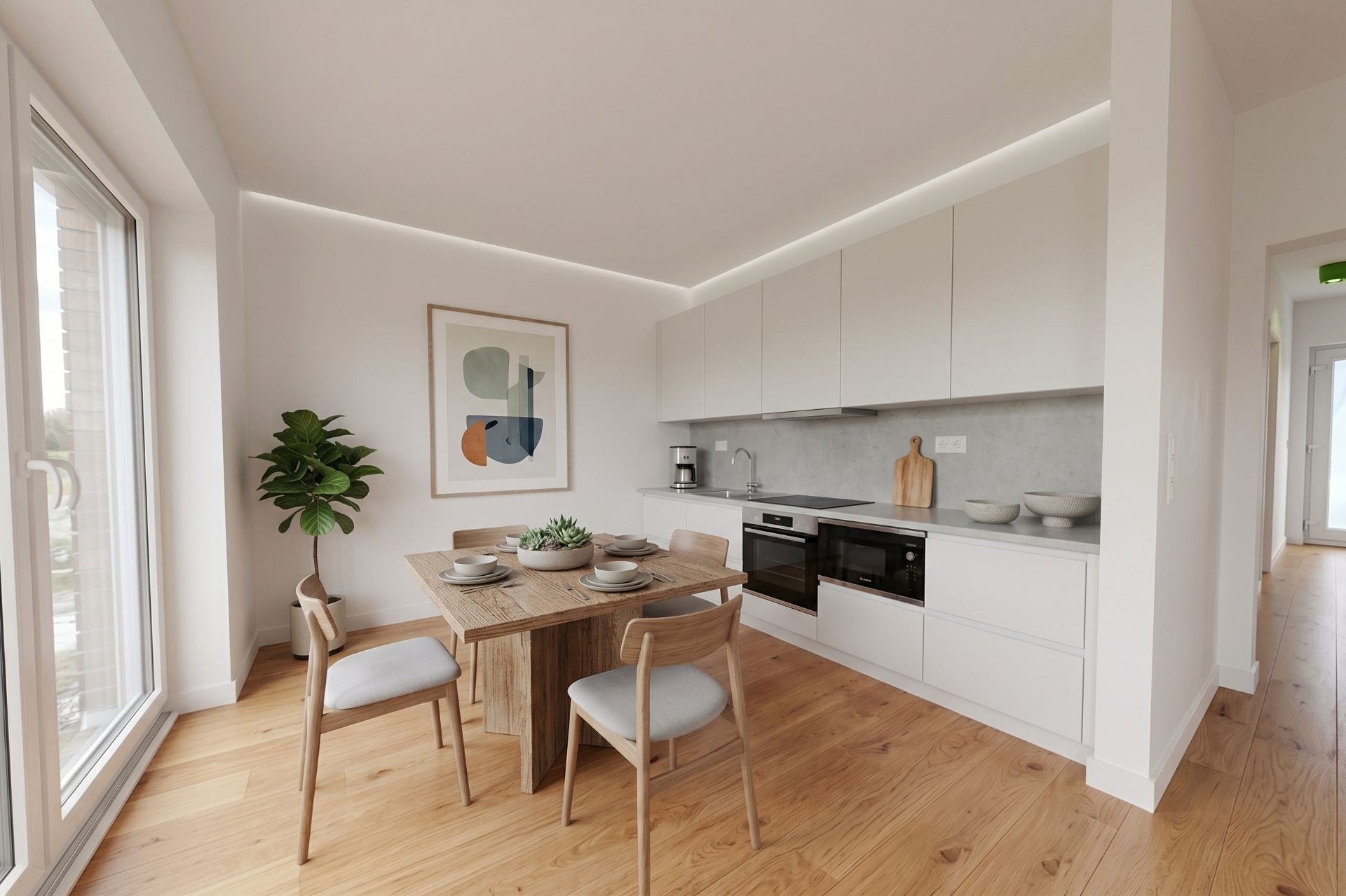 Moderne Küche mit Esstisch, vier Stühlen, Pflanze und Wandbild auf Holzfußboden.