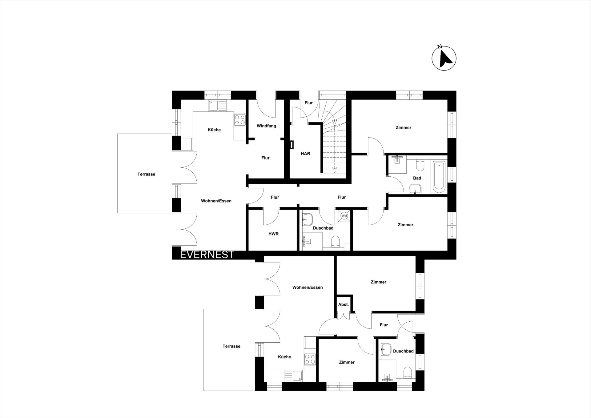 Grundriss einer Wohnung mit mehreren Zimmern, Küchen, Bädern und zwei Terrassen.