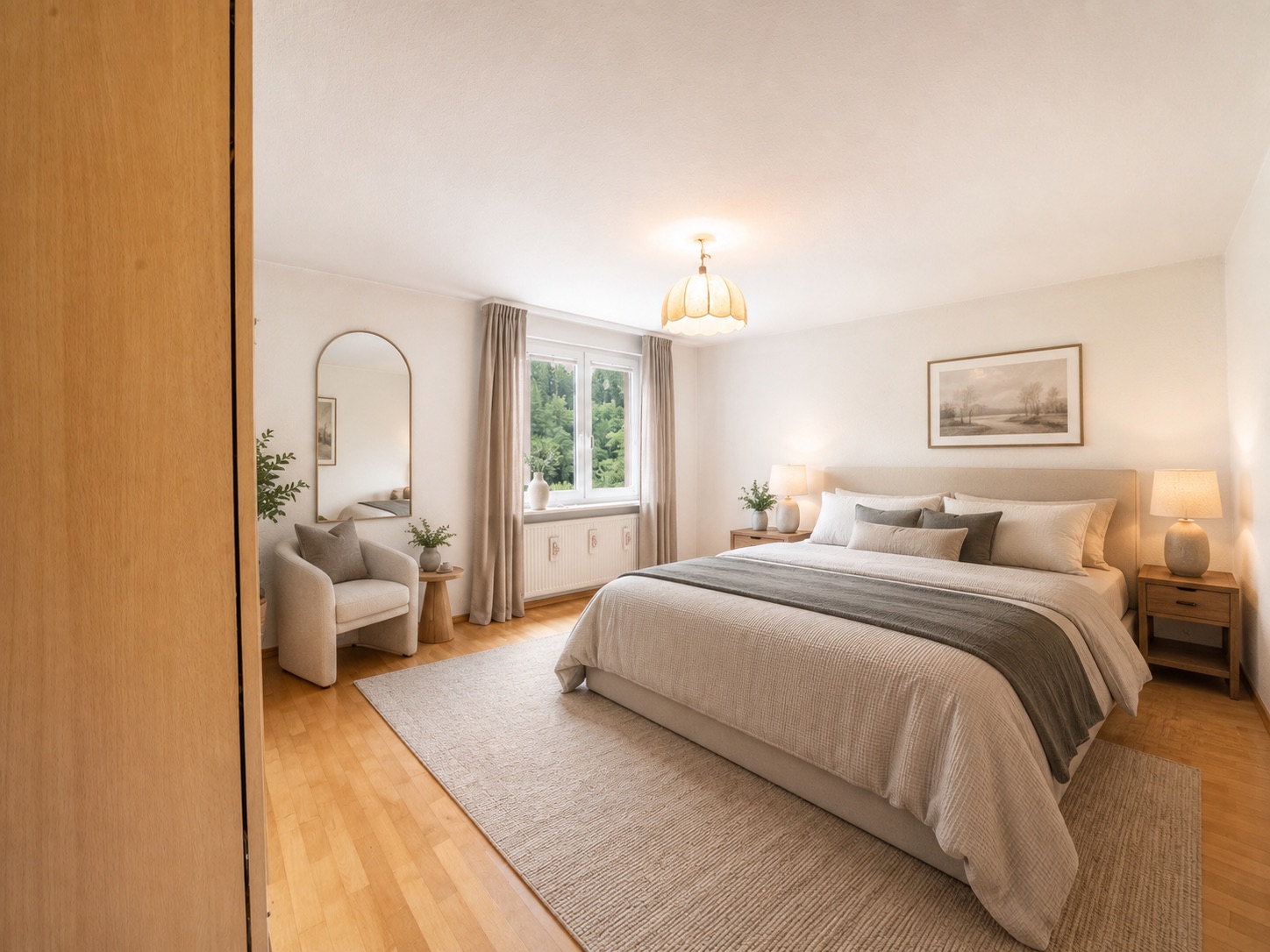 Helles Schlafzimmer mit Doppelbett, Teppich, zwei Nachttischen und einem Sessel am Fenster.