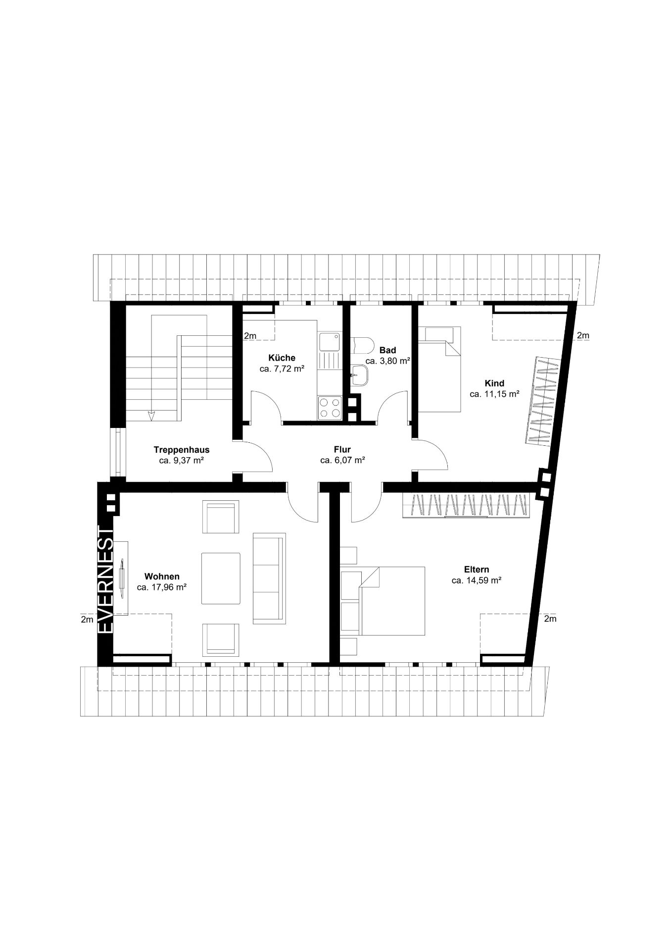 Grundriss einer Wohnung mit Wohnzimmer, Küche, Bad, Eltern- und Kinderzimmer.