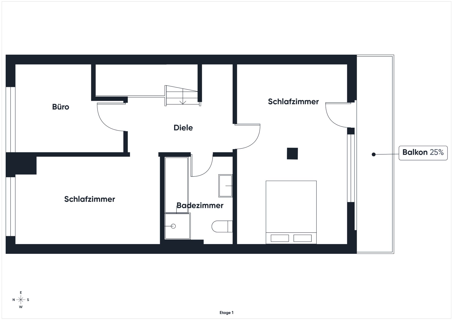 Grundriss mit Diele, zwei Schlafzimmern, Büro, Badezimmer und Balkon.