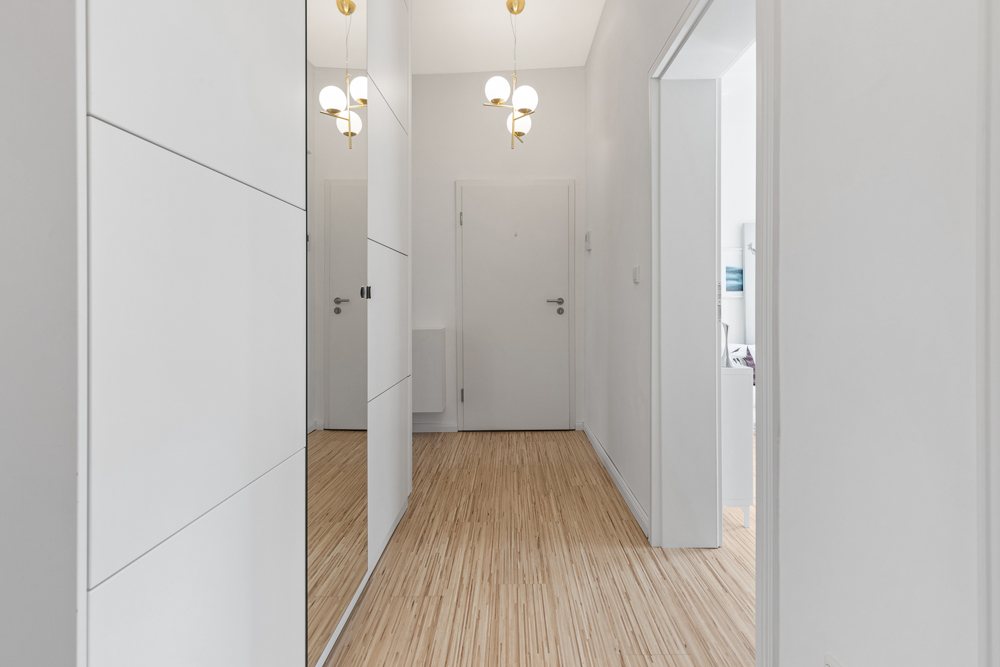 Heller Flur mit Holzboden, weißen Wänden, Spiegel und moderner Deckenleuchte.