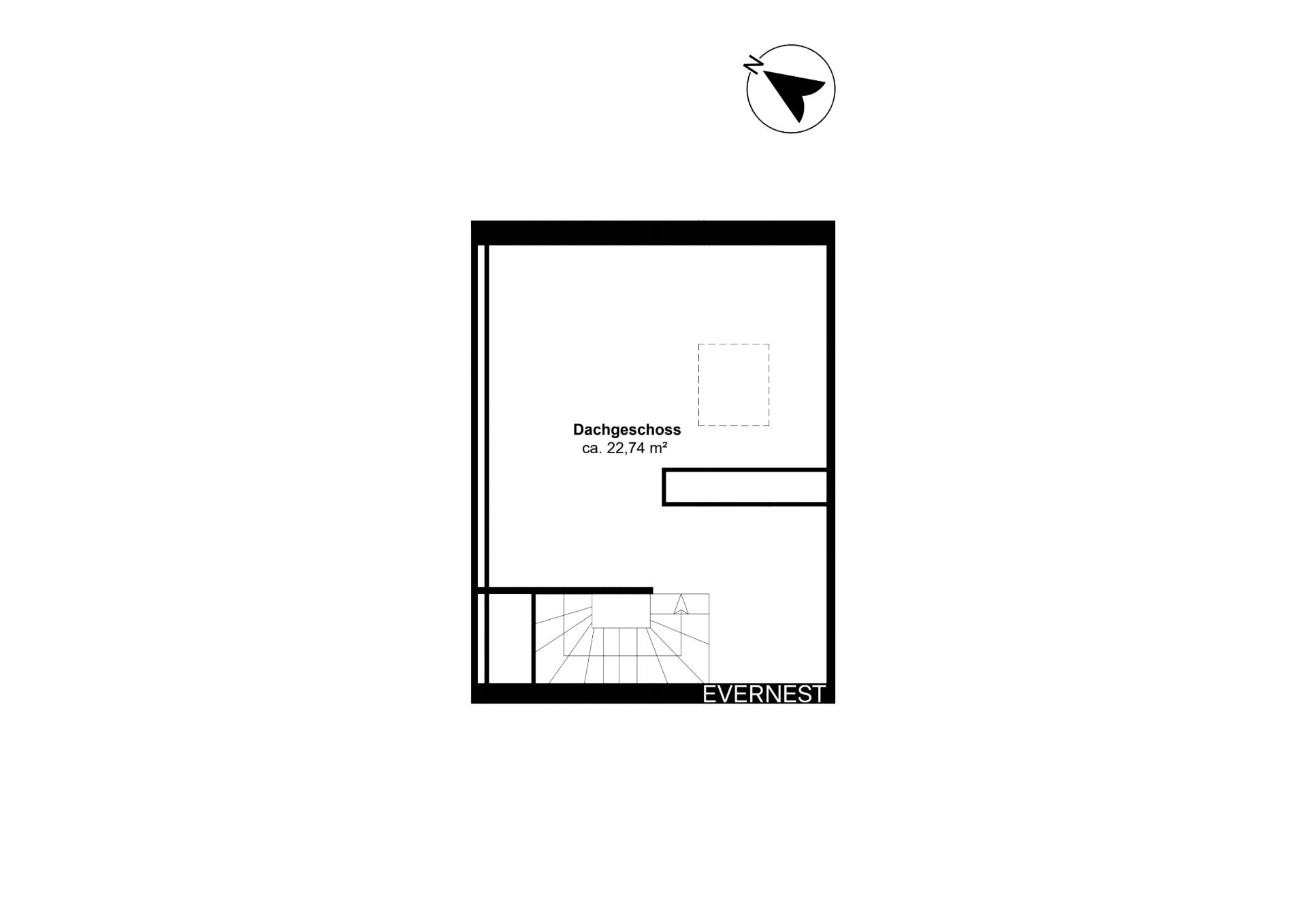 Grundriss eines Dachgeschosses mit Treppe, ca. 22,74 Quadratmeter Fläche.