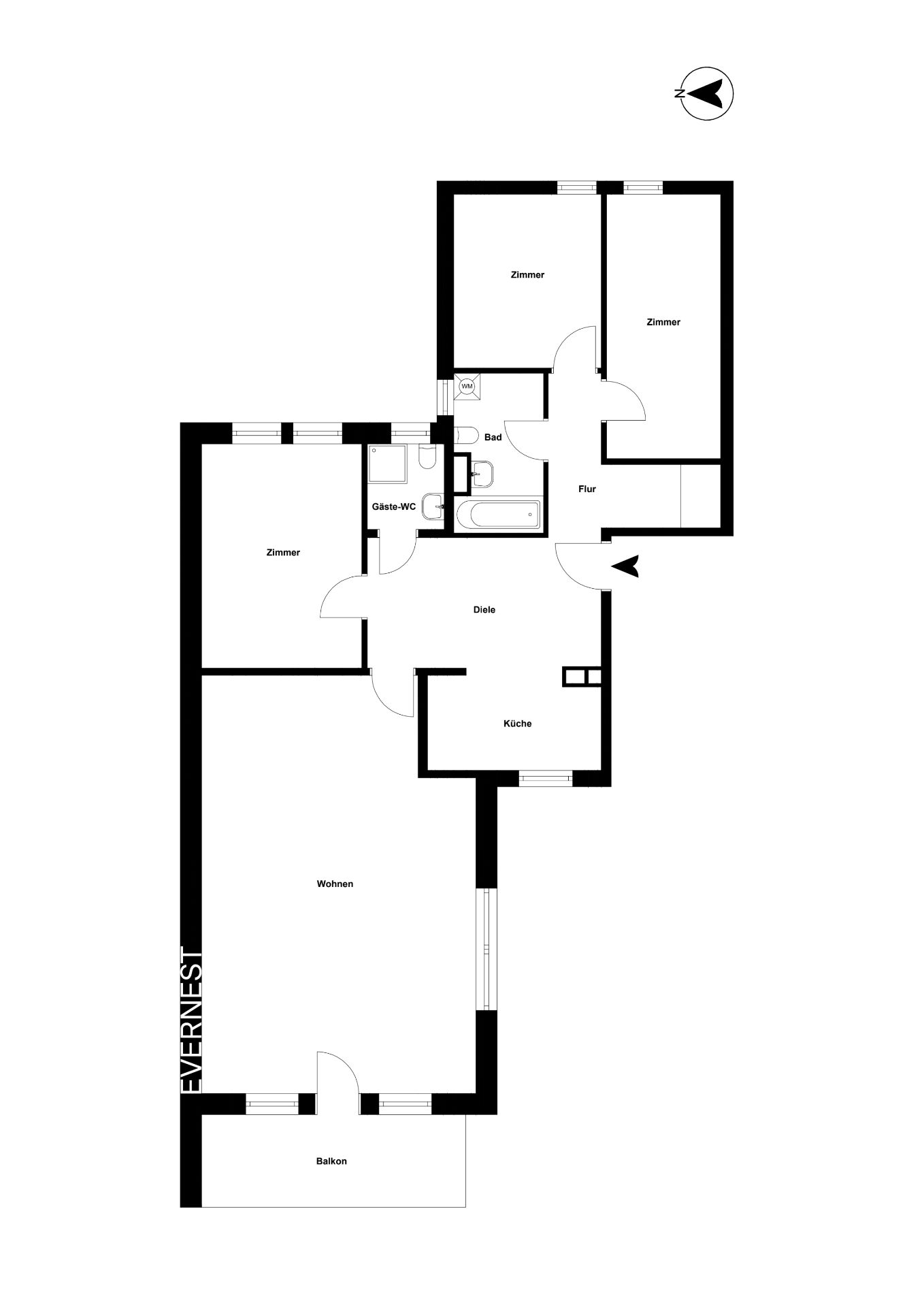 Grundriss einer Wohnung mit drei Zimmern, Wohnzimmer, Küche, Bad, Gäste-WC und Balkon.