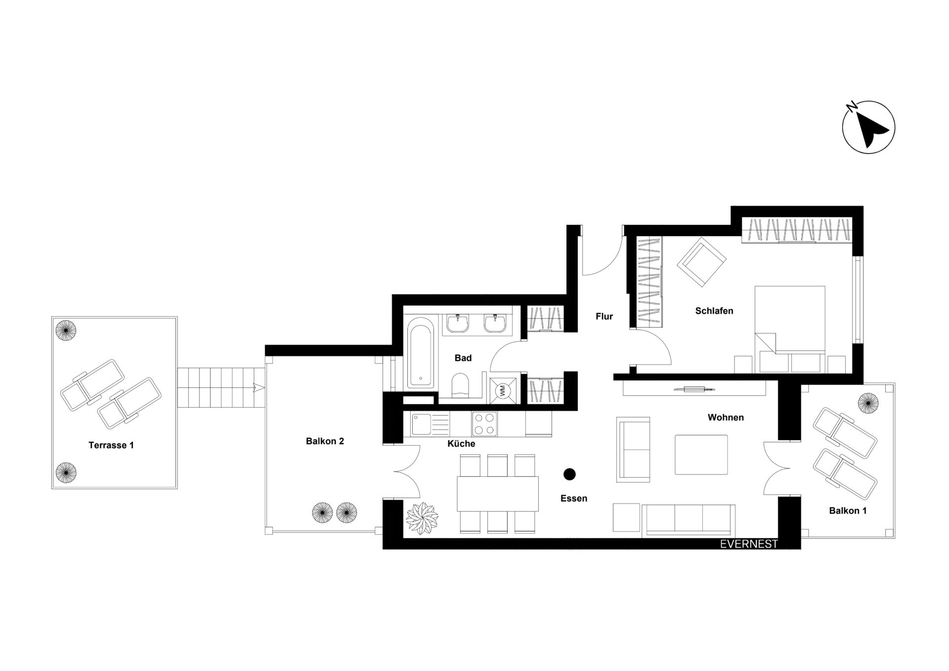 Grundriss einer Wohnung mit Schlafzimmer, Bad, Küche, Wohn- und Essbereich, zwei Balkonen und Terrasse.