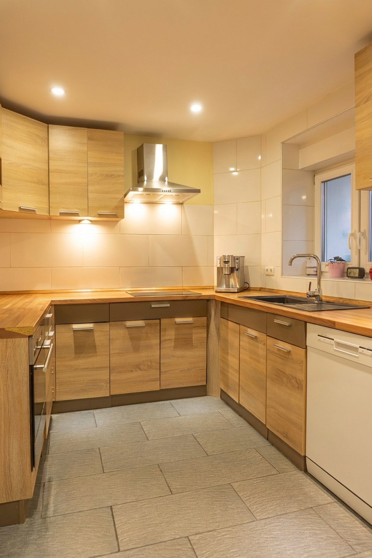 Moderne Einbauküche mit Holzfronten, Spüle, Herd, Dunstabzugshaube und Kaffeemaschine.