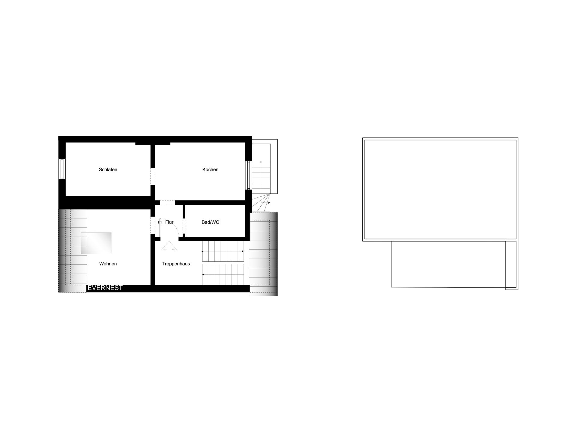 Grundriss einer Wohnung mit Schlafzimmer, Küche, Wohnzimmer, Bad/WC und Flur.