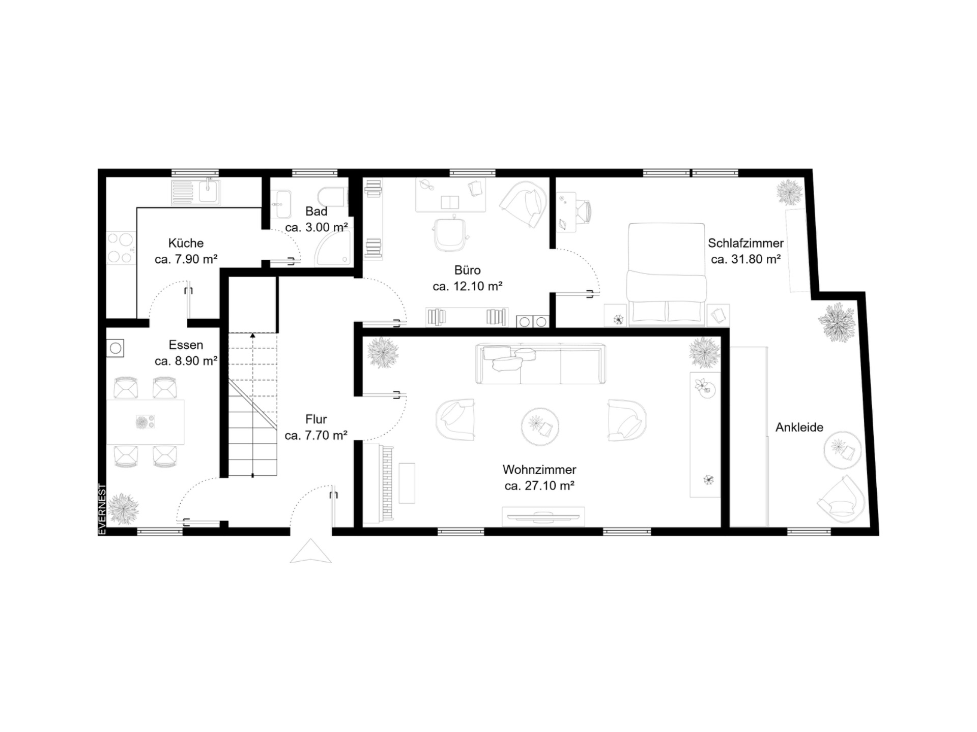 Grundriss einer Wohnung mit Küche, Bad, Büro, Schlafzimmer, Ankleide, Wohnzimmer, Essbereich und Flur.