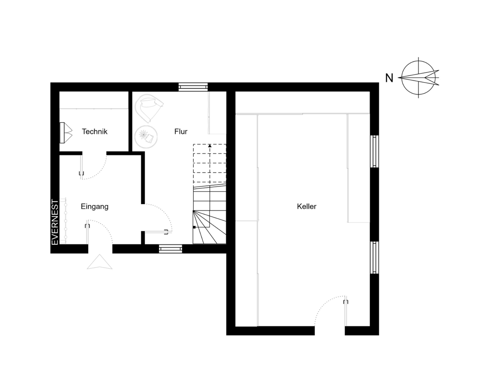Grundriss eines Kellers mit Technikraum, Flur, Treppe und Eingang.