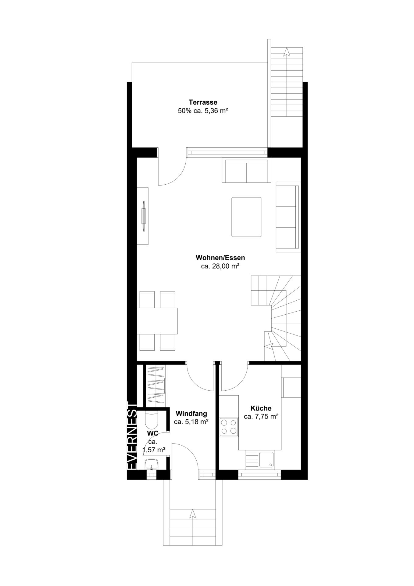 Grundriss mit Terrasse, Wohn-/Essbereich, Küche, Windfang und WC.