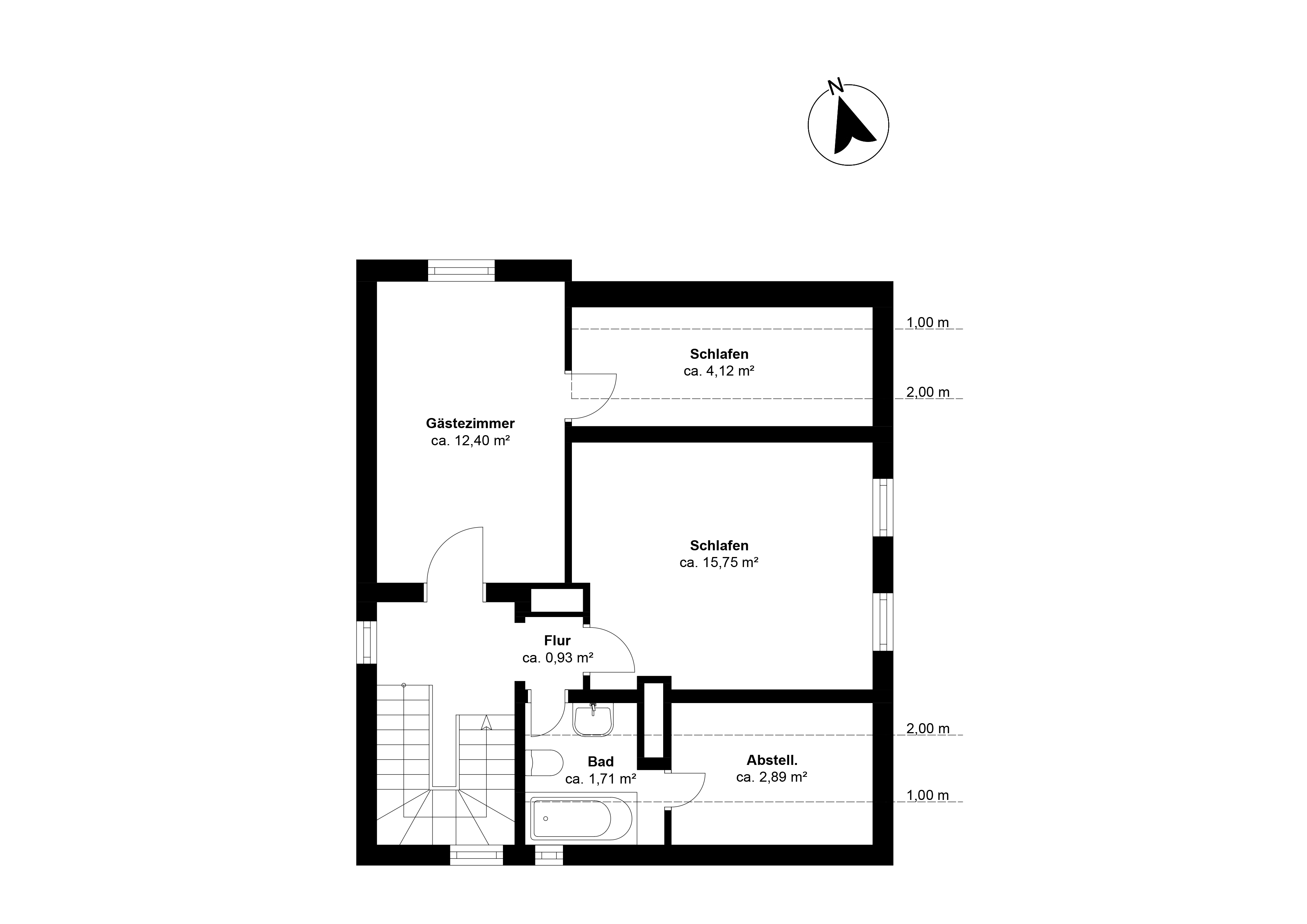 Grundriss mit Gästezimmer, zwei Schlafzimmern, Bad, Flur und Abstellraum.