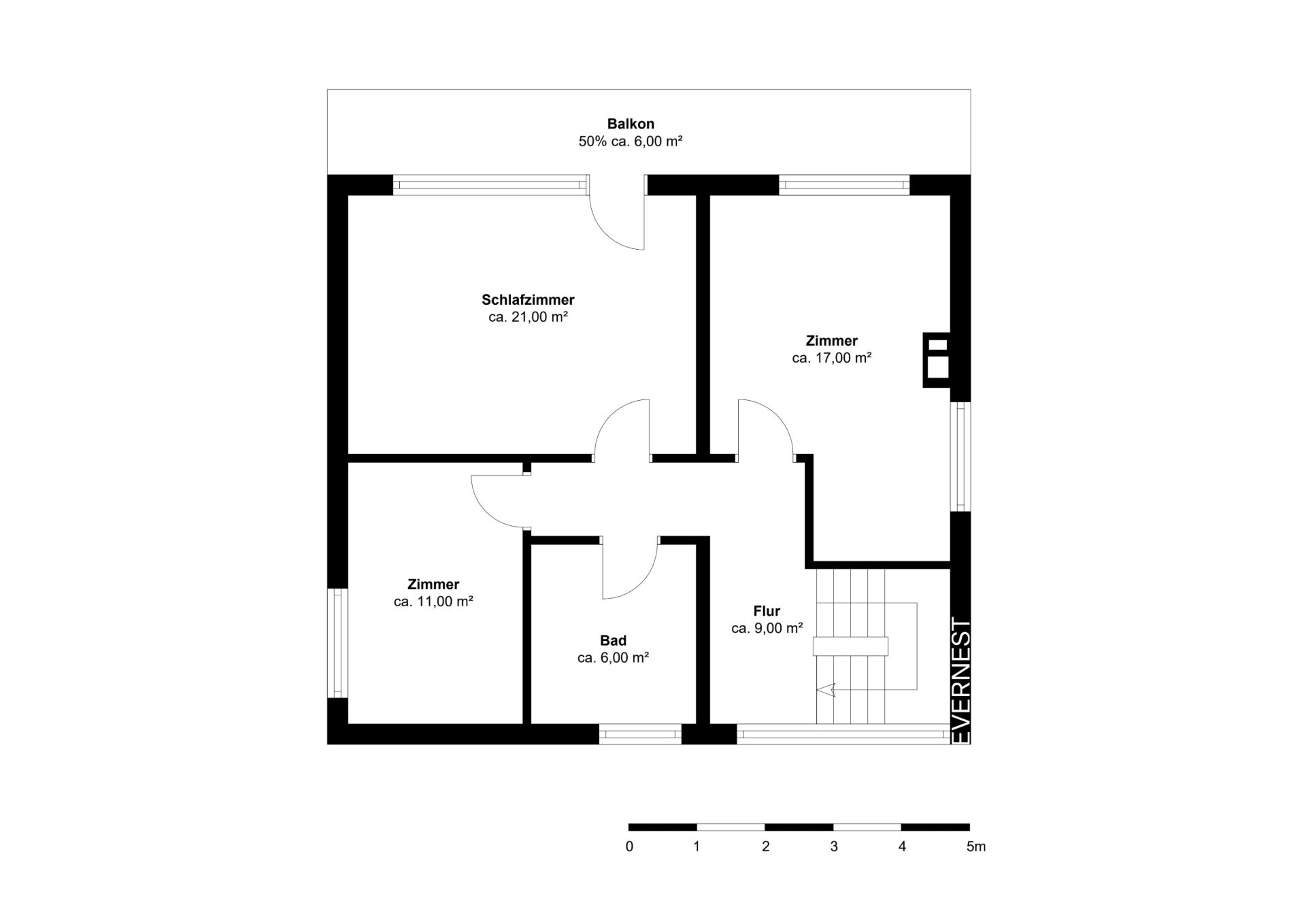 Grundriss mit Schlafzimmer, zwei Zimmern, Bad, Flur und Balkon.