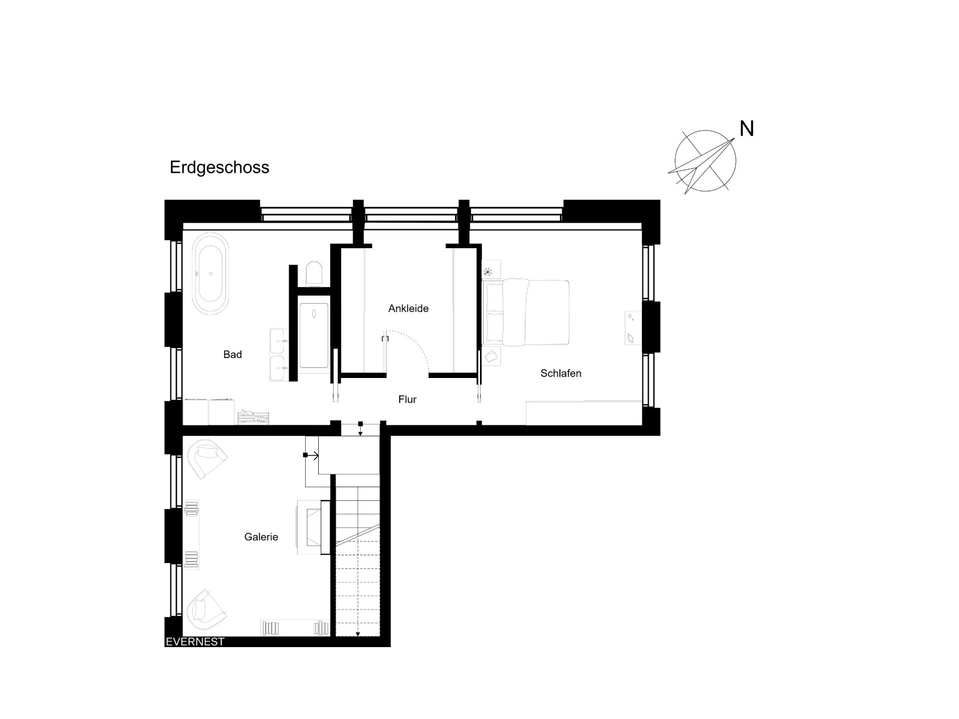 Grundriss des Erdgeschosses mit Galerie, Bad, Ankleide, Flur und Schlafzimmer.