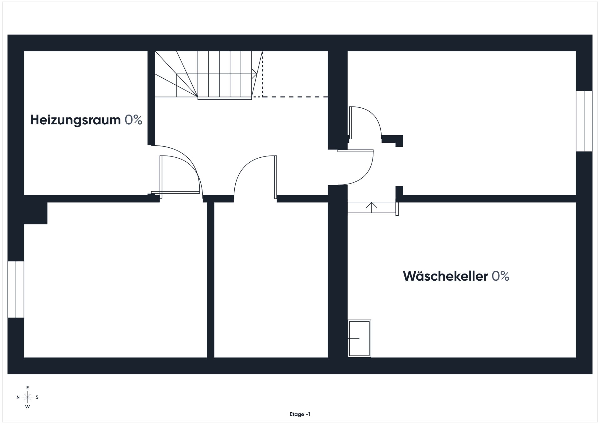 Grundriss eines Kellers mit Heizungsraum und Waschkeller, mehrere Räume und Treppenaufgang sind sichtbar.