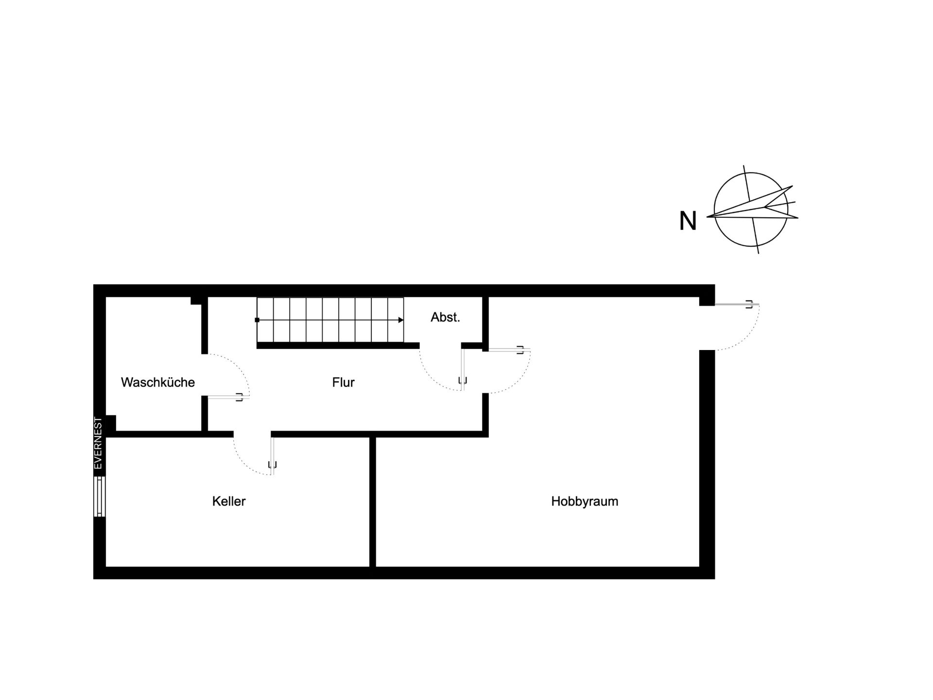 Grundriss mit Waschküche, Keller, Flur, Abstellraum und Hobbyraum.