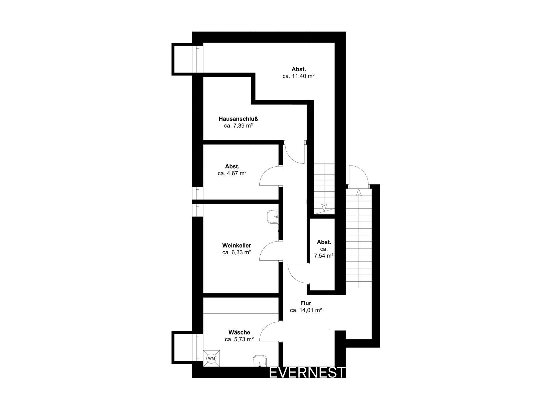 Grundriss eines Kellers mit Flur, Weinkeller, Waschküche, Hausanschluss und mehreren Abstellräumen.