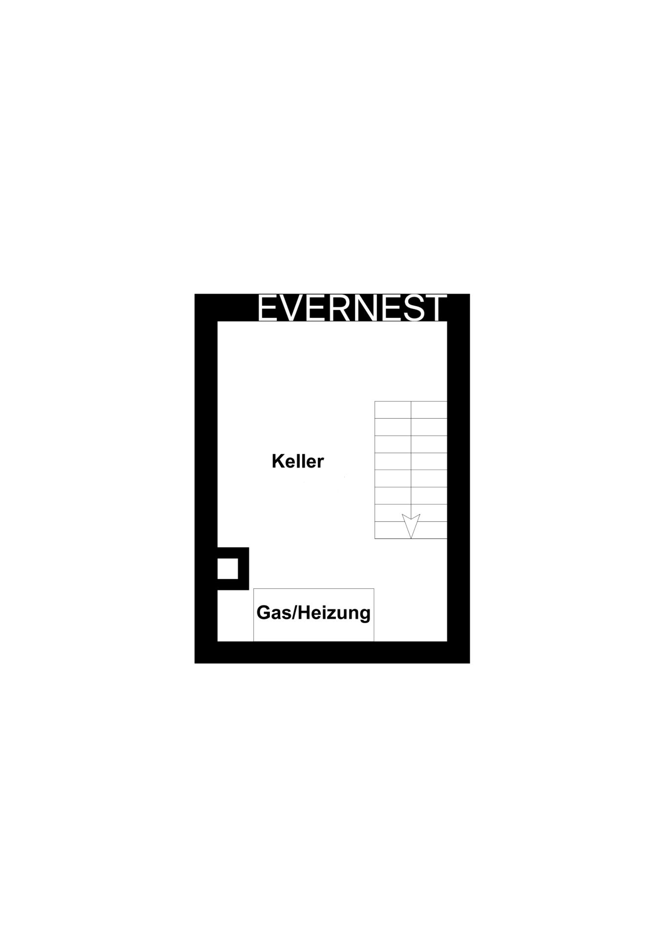 Grundriss eines Kellers mit Gas-/Heizungsraum und Treppe.