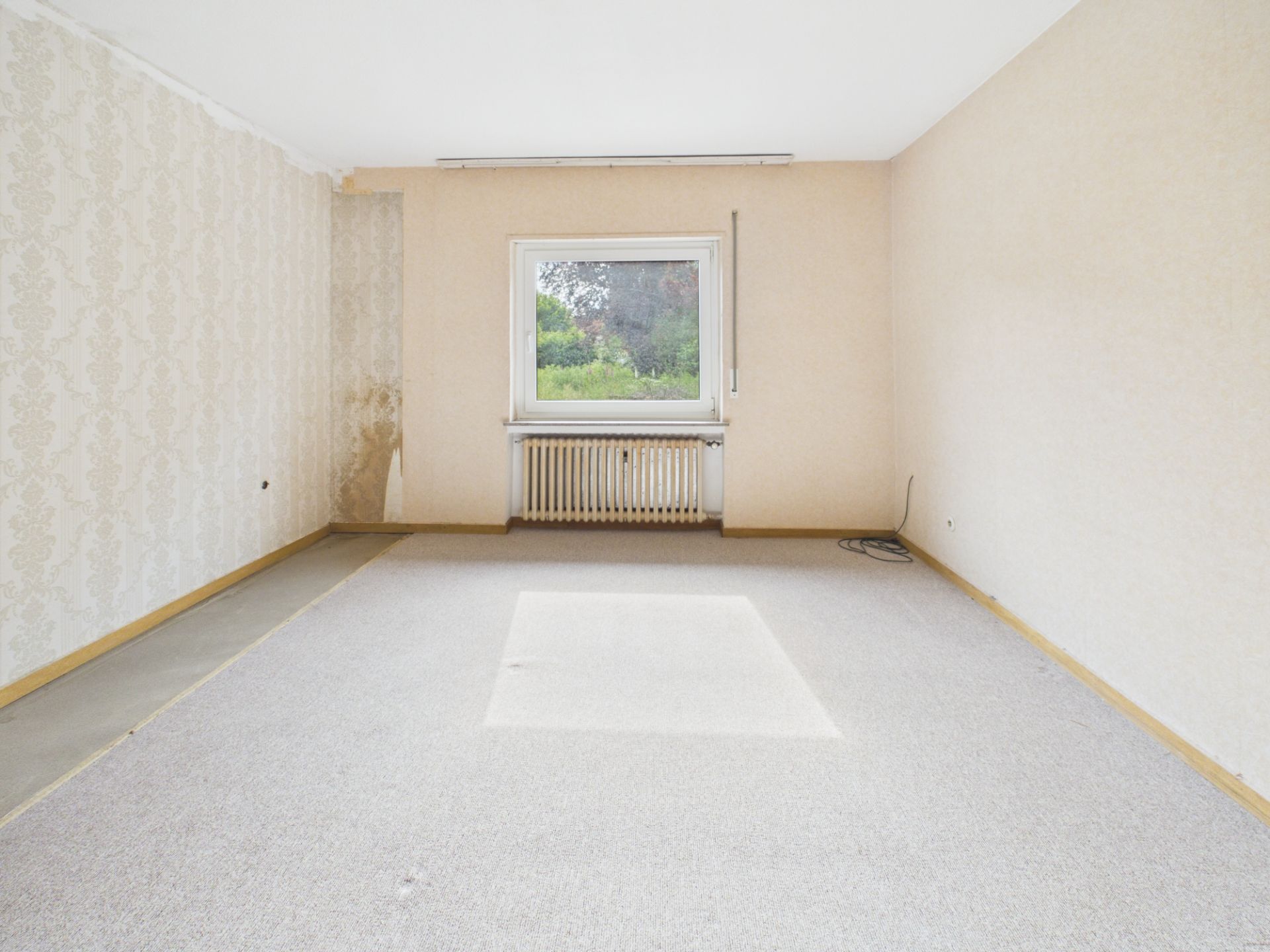 Leerer Raum mit Teppichboden, Fenster und Heizkörper, helle Wände, etwas abgenutzte Tapete.