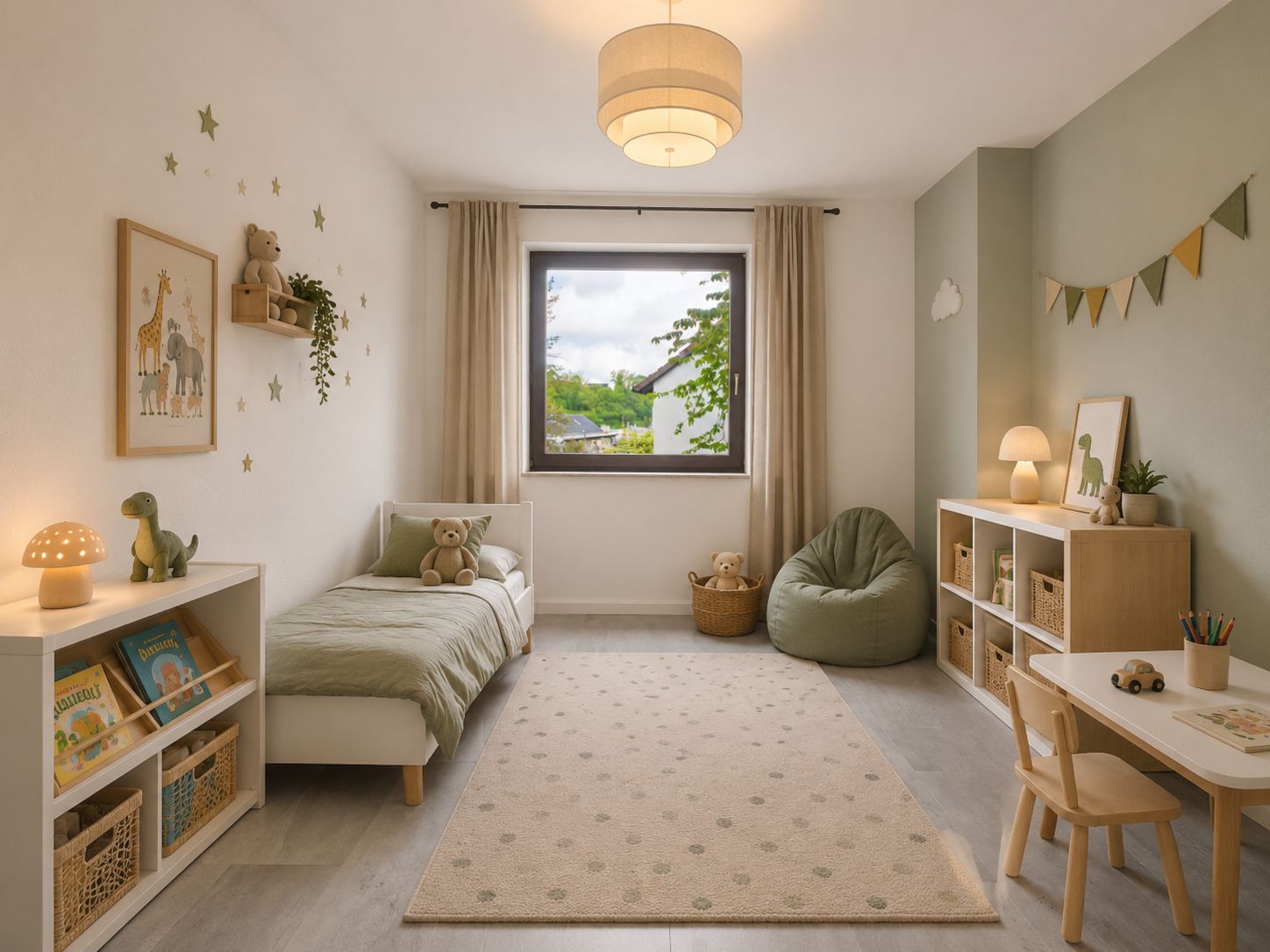 Helles Kinderzimmer mit Bett, Spielzeug, Bücherregal, Teppich und großem Fenster.