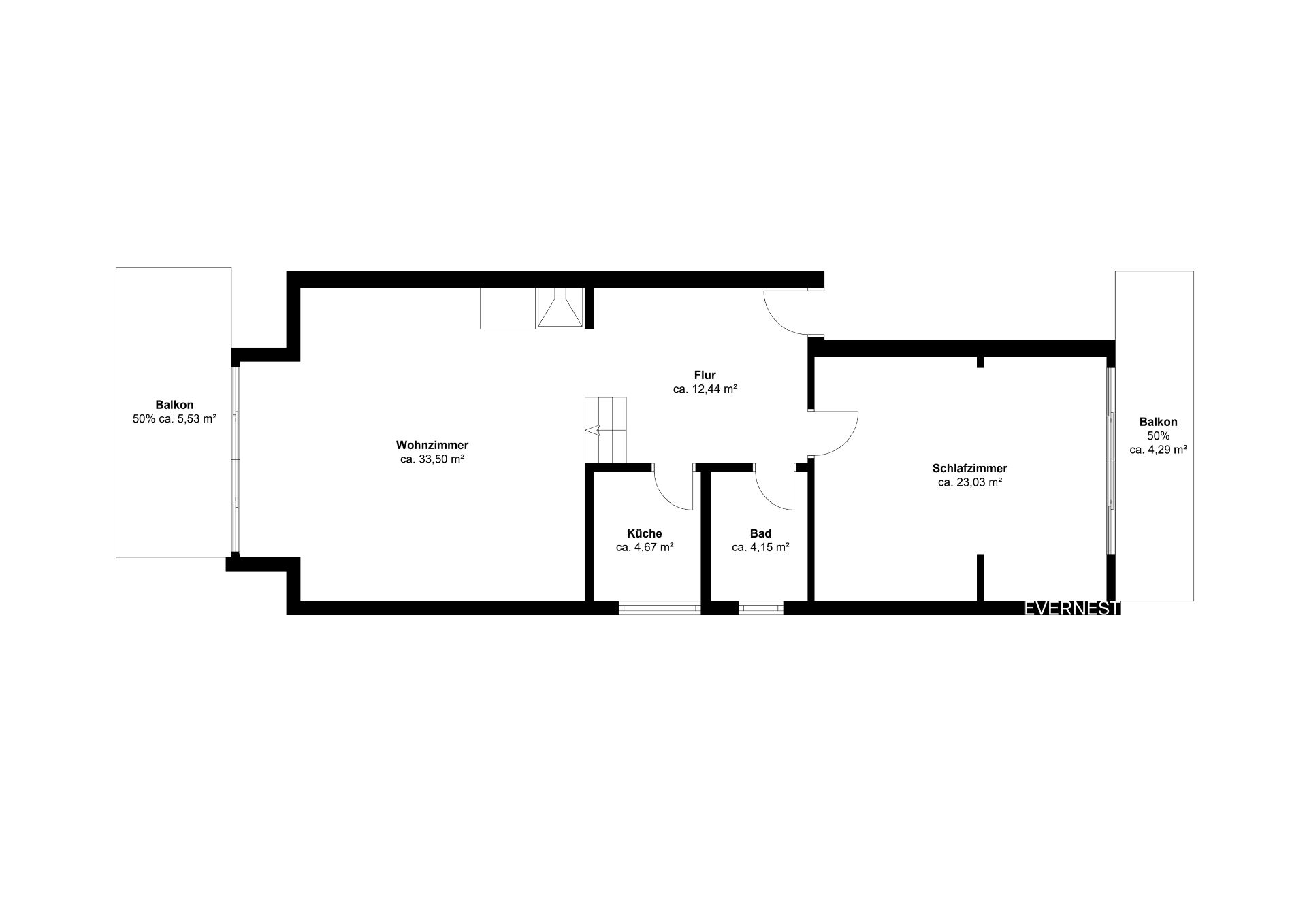 Grundriss mit Wohnzimmer, Schlafzimmer, Flur, Küche, Bad und zwei Balkonen.