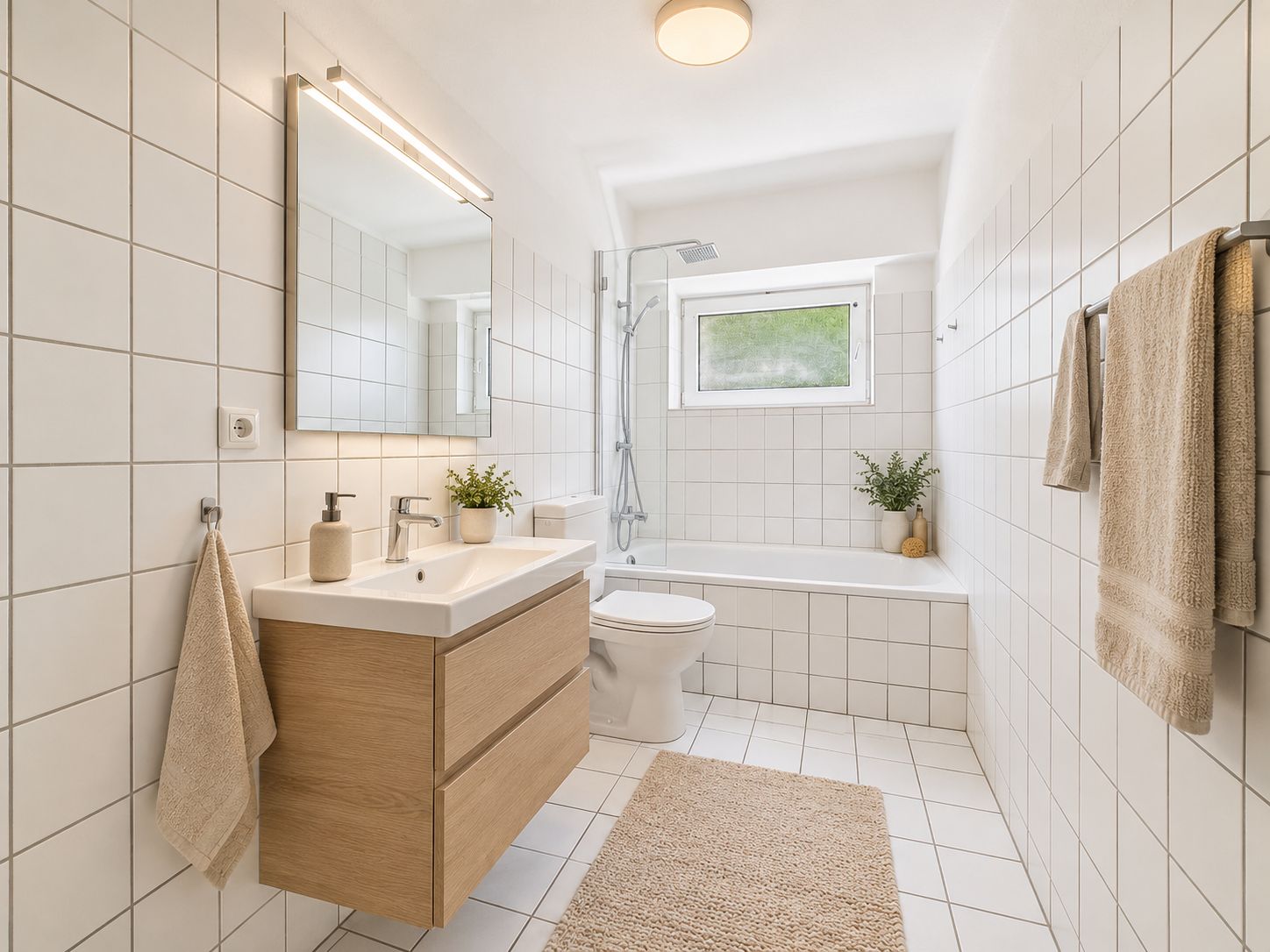 Modernes Badezimmer mit Badewanne, Waschbecken, Spiegel, WC und Handtüchern auf weißen Fliesen.