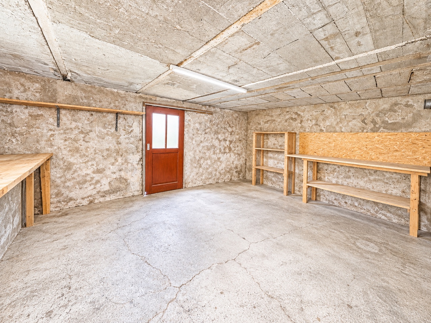 Heller Kellerraum mit Betonboden, Holztür und einfachen Holzregalen an den Wänden.
