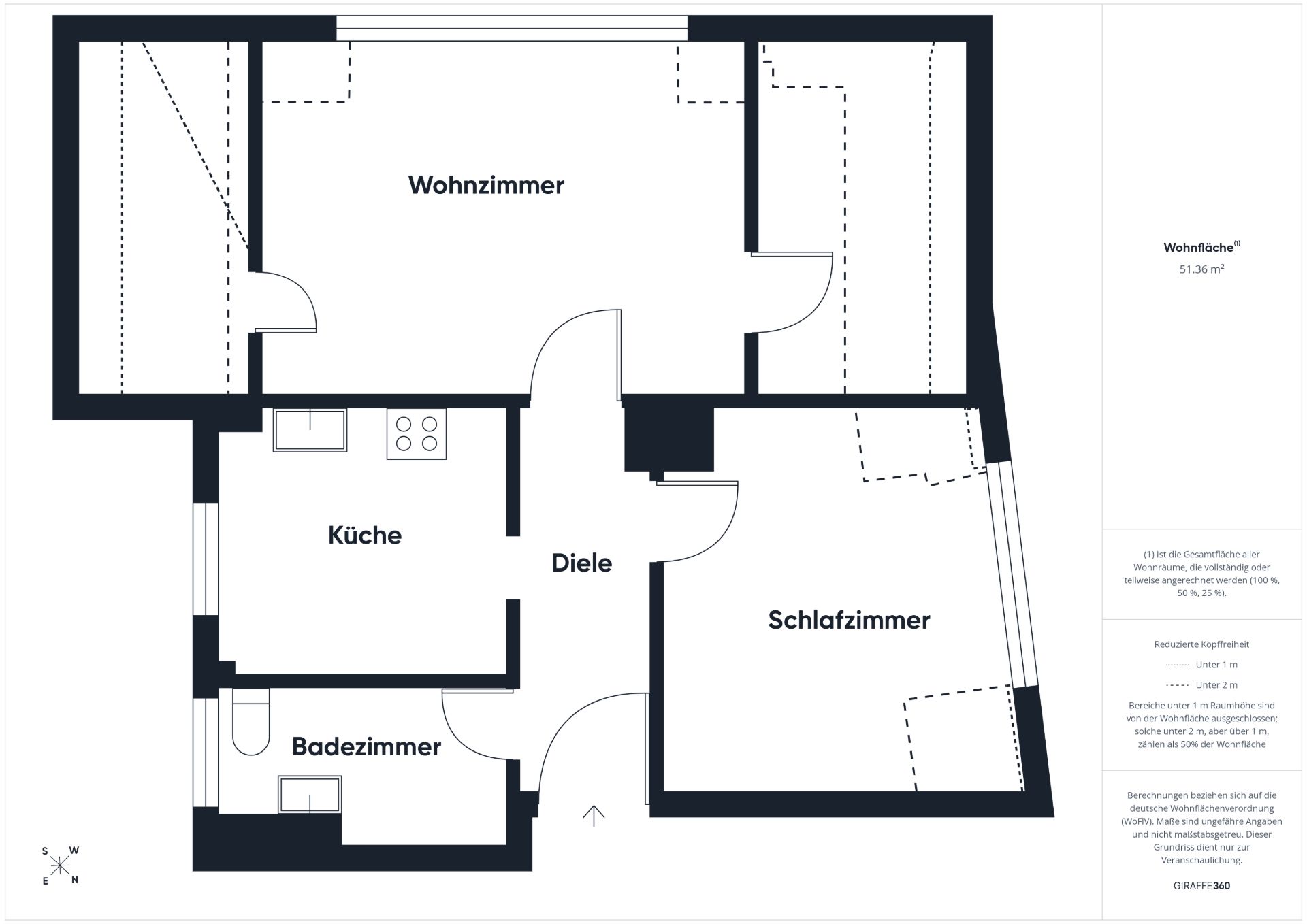 Grundriss einer Wohnung mit Wohnzimmer, Schlafzimmer, Küche, Badezimmer und Diele.