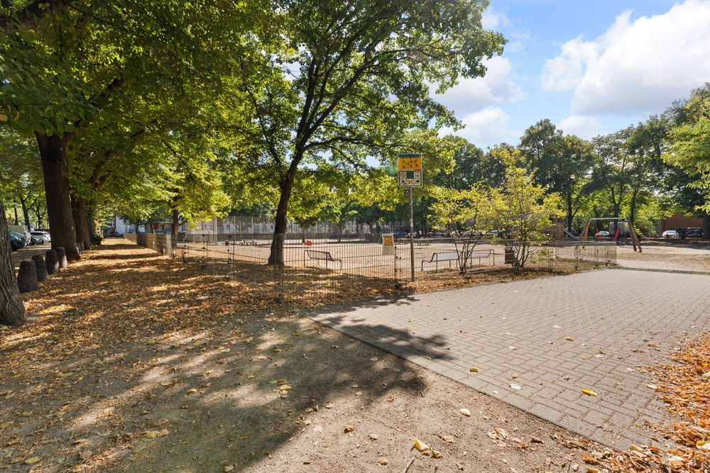 Schattiger Weg mit Bäumen neben eingezäuntem Spielplatz und ein paar Schaukeln im Freien.